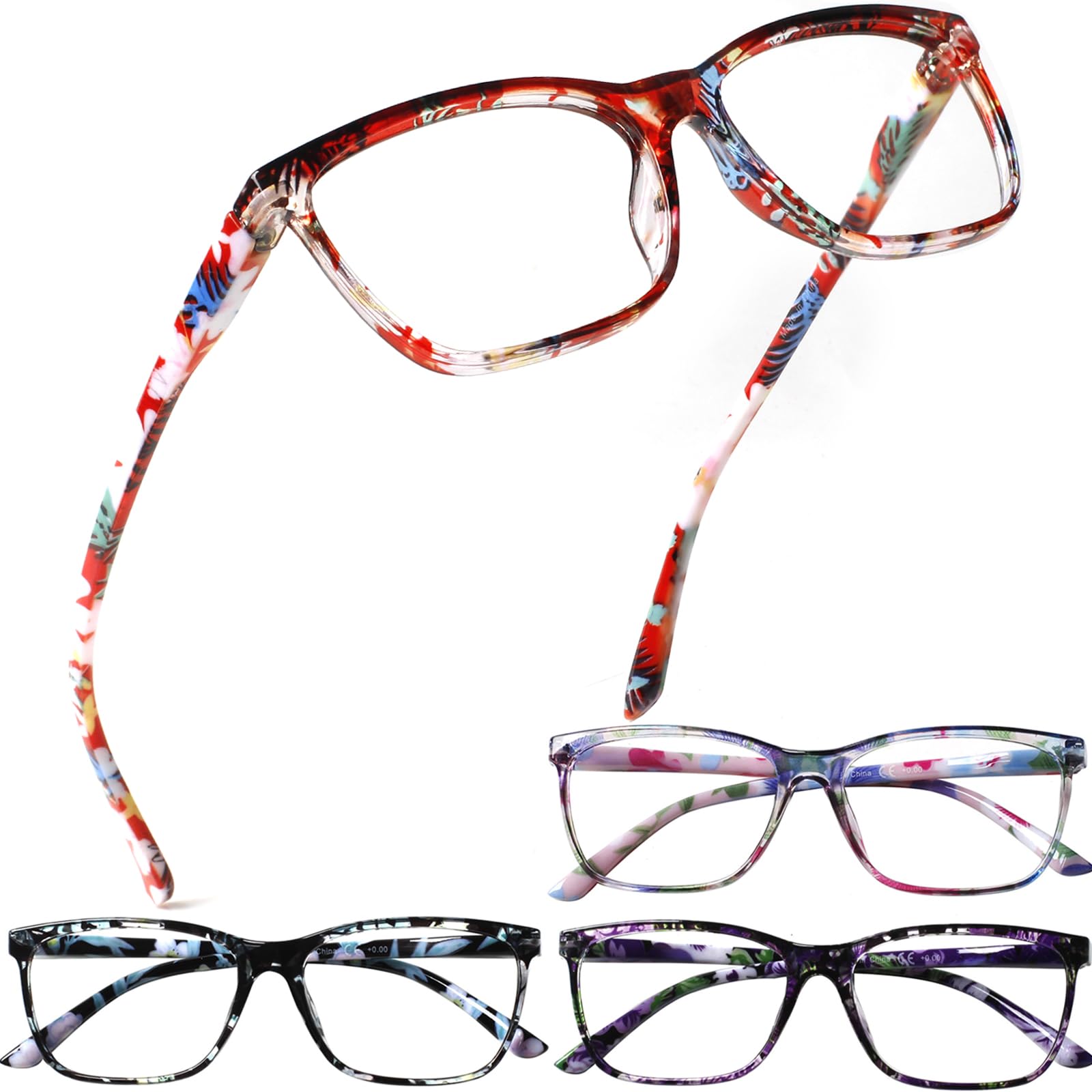 Henotin 4 Pack Ladies Reading Glasses Blue Light Blocking Spring Hinge Readers Anti Eyestrain Computer Eyeglasses (Multicolor-4, 4.0)