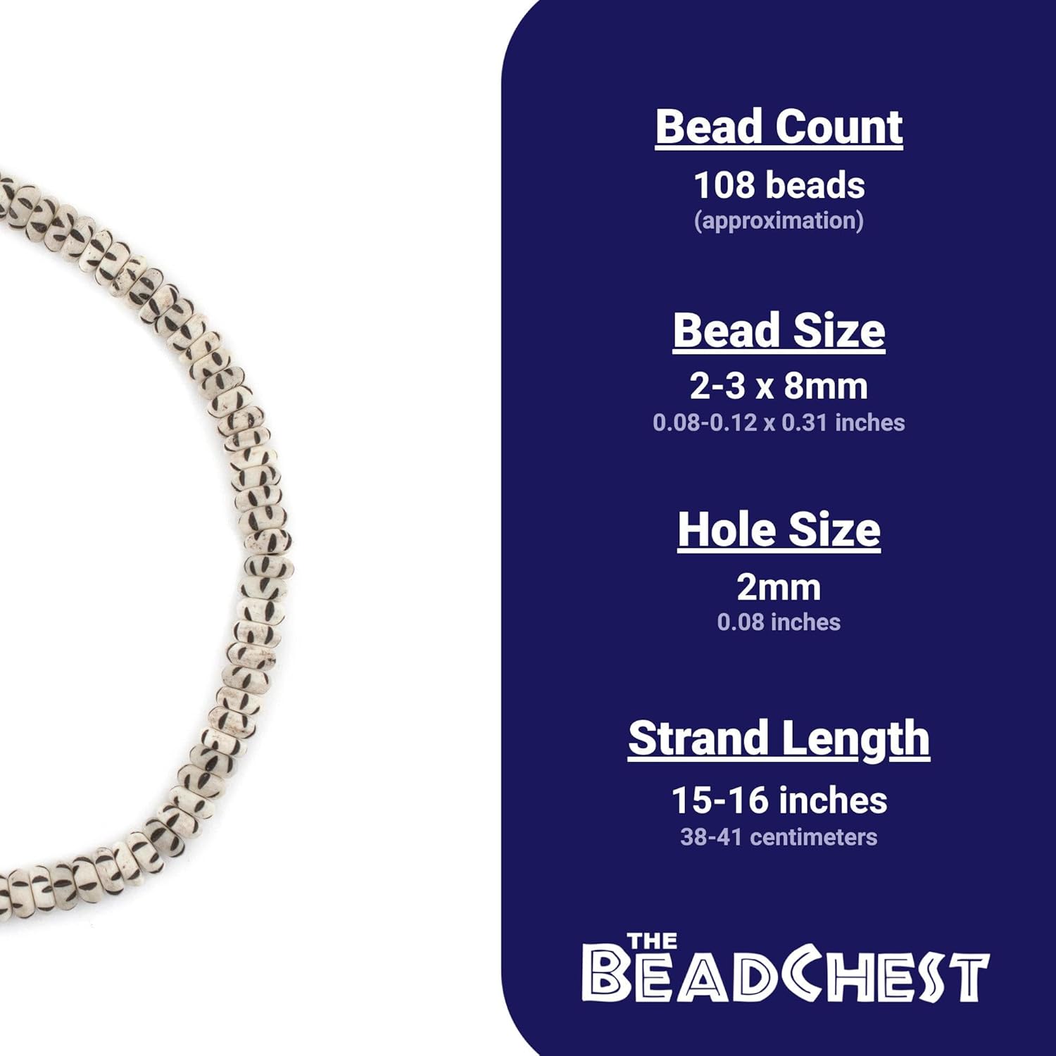 The Bead Chest White Carved Disk Bone Beads 8mm Nepal Black and White Large Hole 15-16 Inch Strand