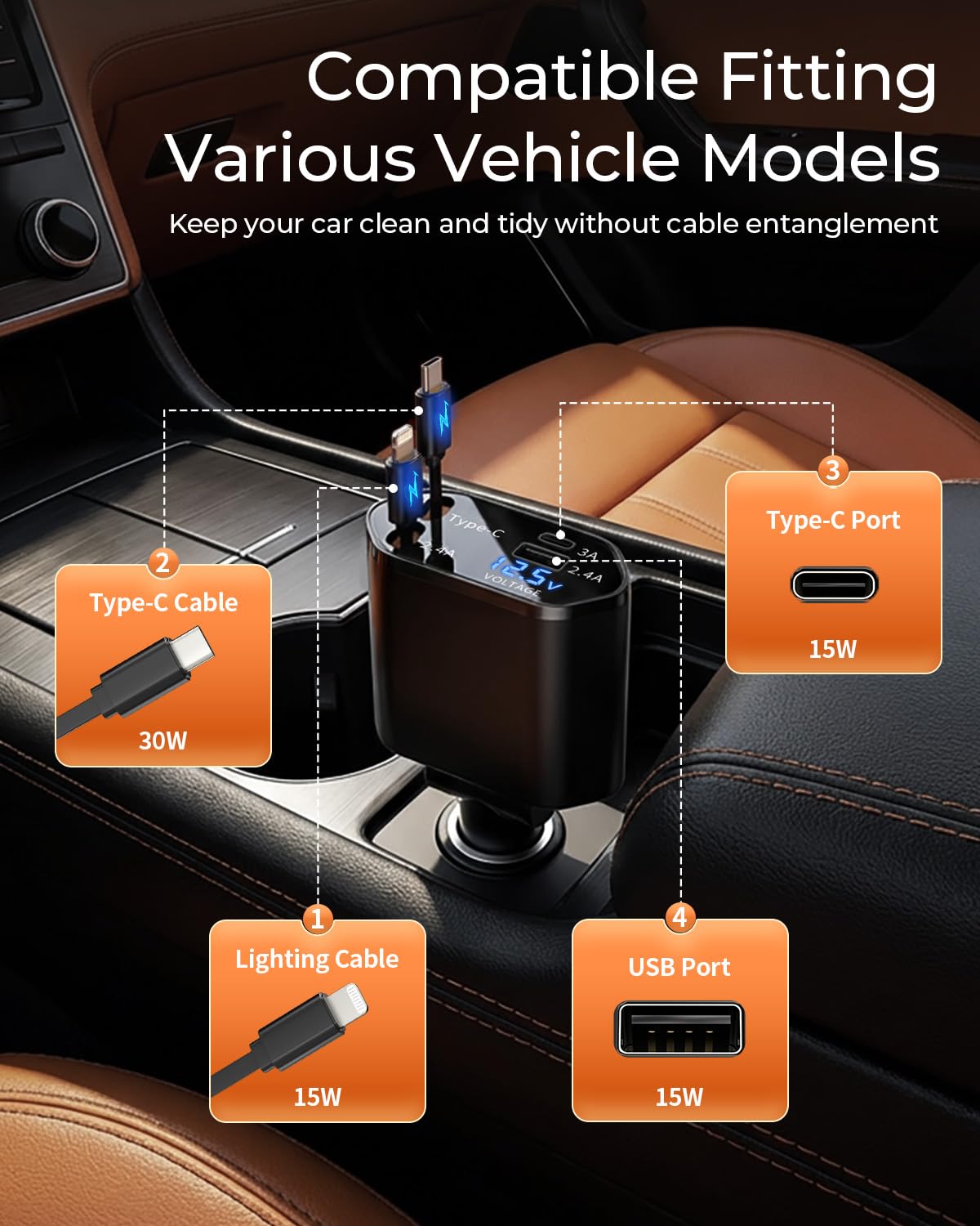 BERTHALESS Cargador retráctil de coche, cargador de coche de carga rápida 4 en 1 con USB-C y USB-A, compatible con iPhone 17/16/15/14/13/12/11, Galaxy, Pixel, accesorios de coche para hombres y