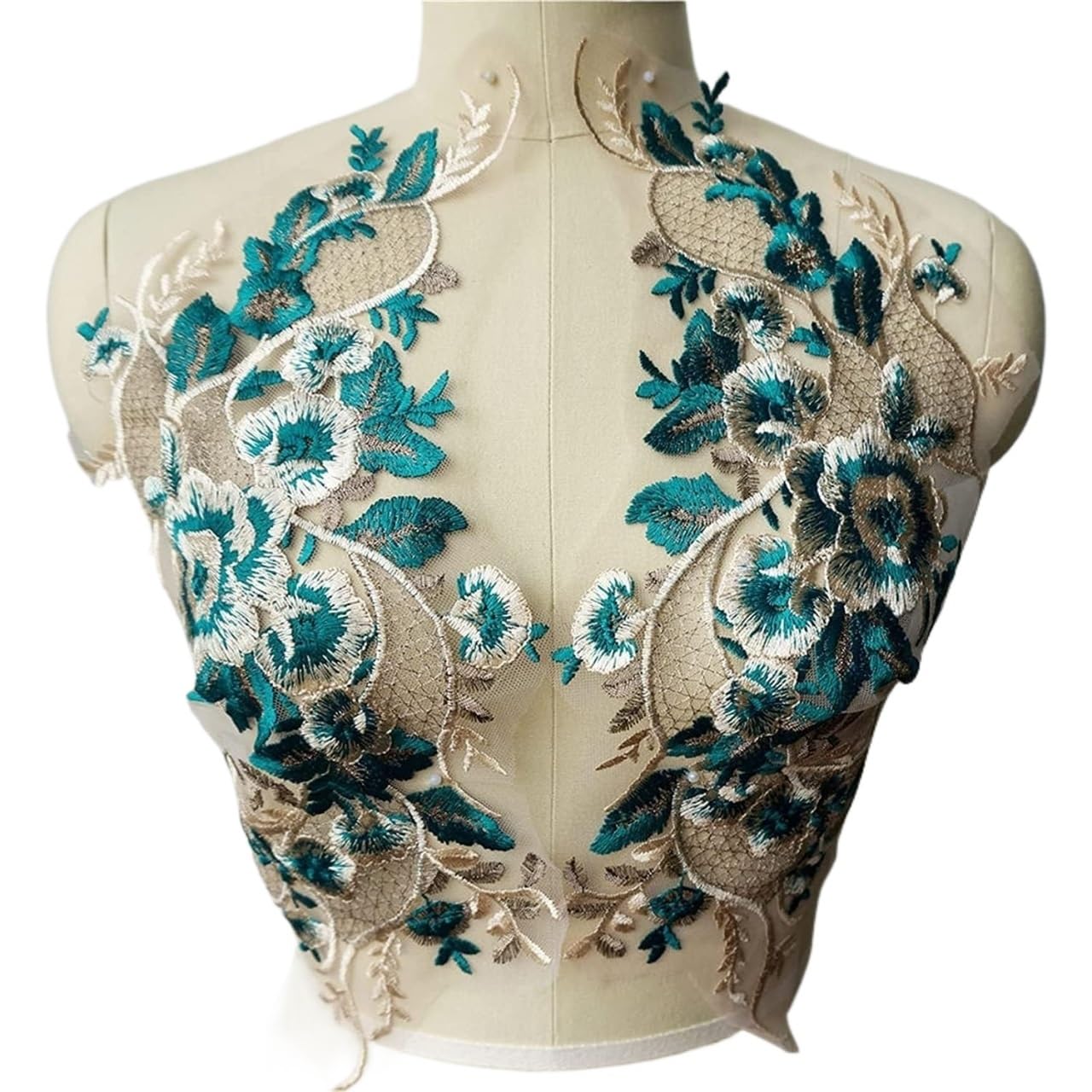 Tessuto di Pizzo Verde Ricamato Abito di Fiori Appliques Rifiniture Colletto Classico in Rete Cucire Toppe for la Decorazione di Nozze Abito Fai da Te,Toppe da Cucire