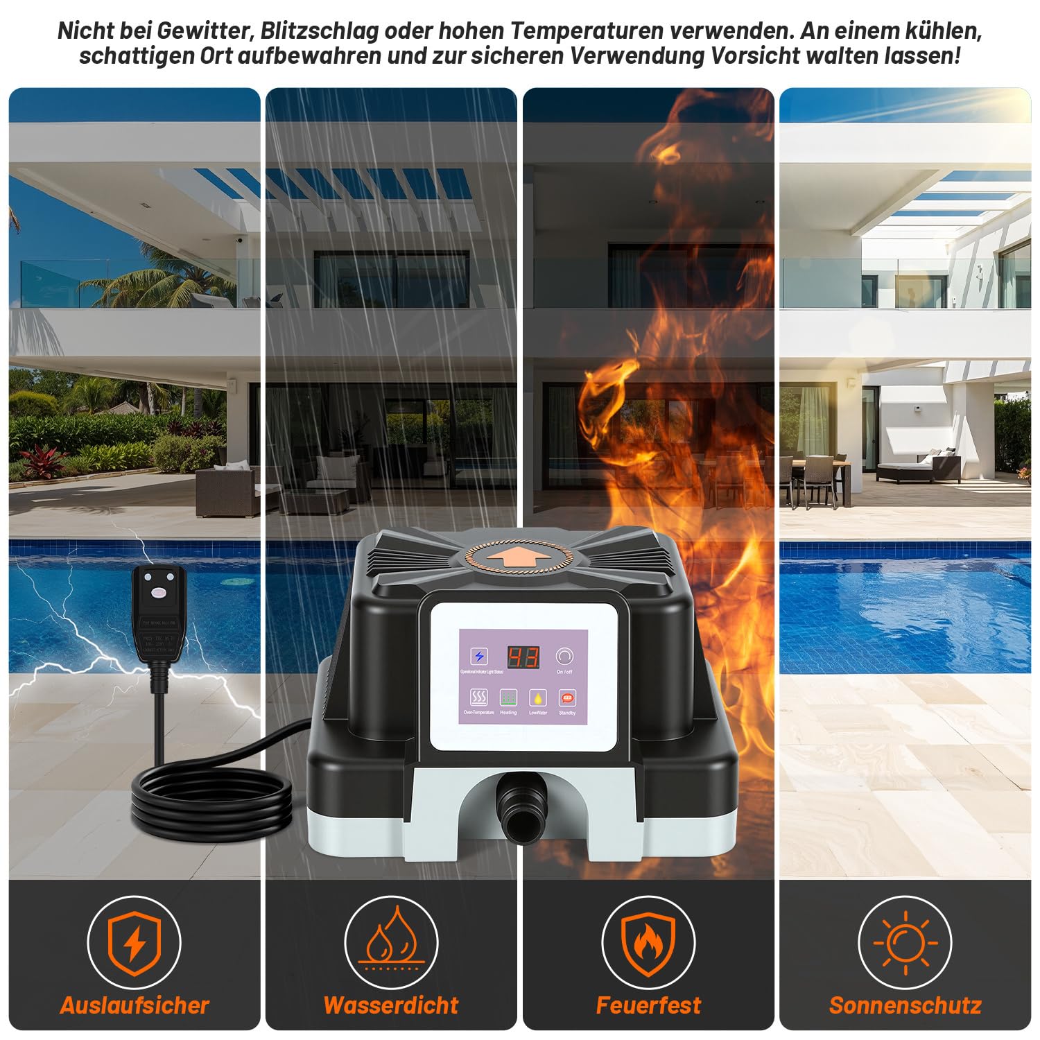 Poolheizung Elektrisch 3KW mit Digitalanzeige, FI-Schutz, Kippschutz, Schwer Entflammbarem Gehäuse, 32–38 mm Anschluss, Heizt bis 45 °C, inkl. Zubehör
