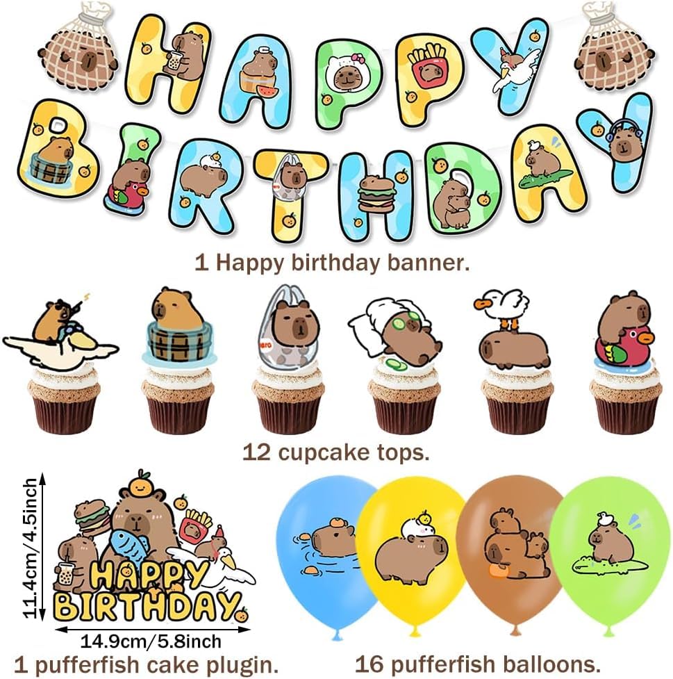 Set Decorazione Compleanno Capibara - Banner, Topper Torta, Cupcake Toppers, Palloncini, Tema Animali - Foto 7