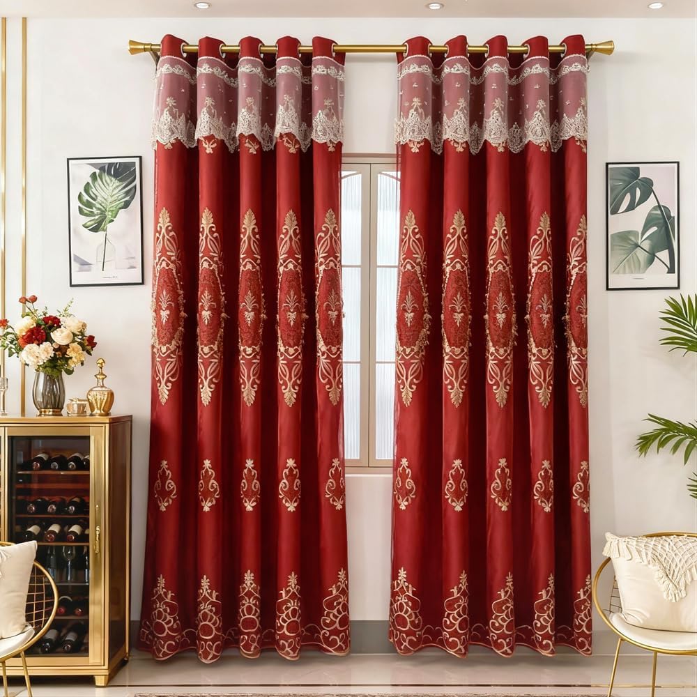 Amidoudou 2 Panels Luxury Embroidered Curtains with Valance, Double Layer Flower Design for Living Room & Bedroom, Red, 52x96 Inch
