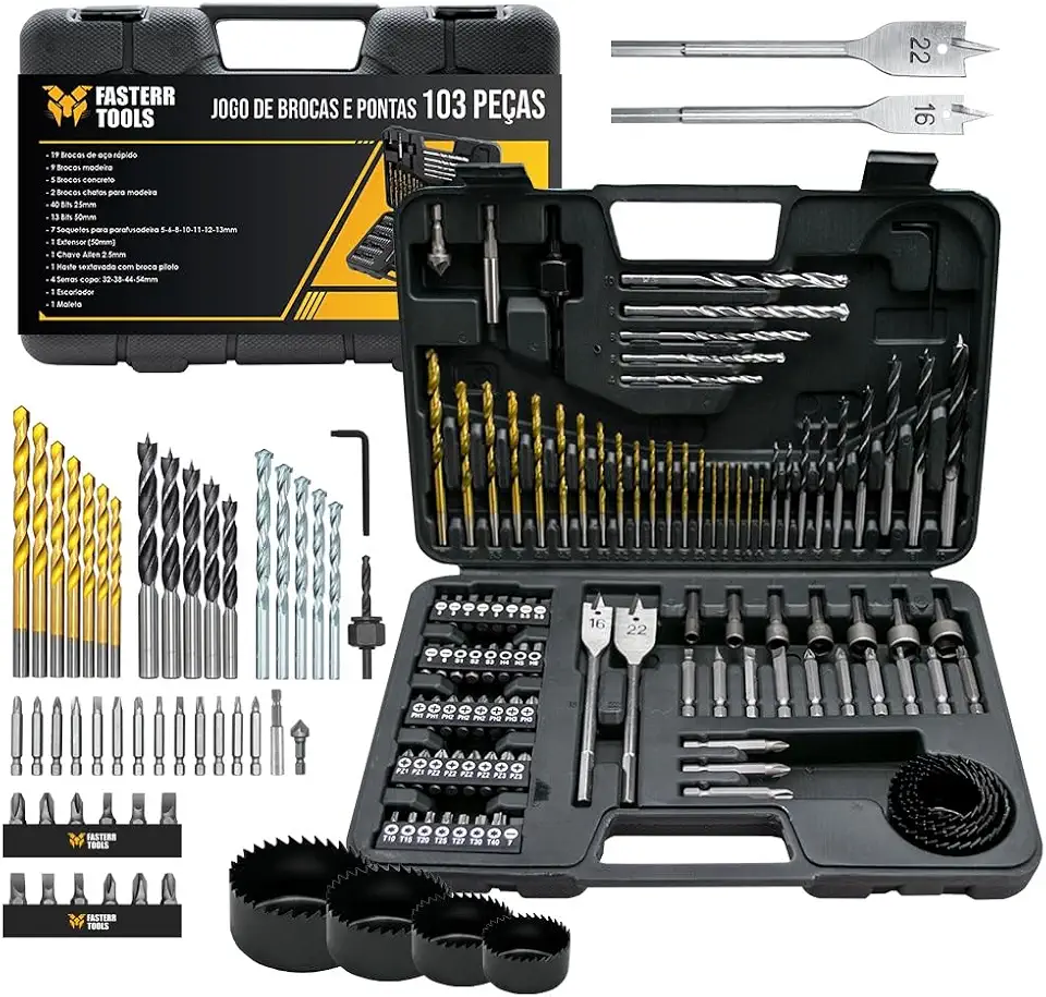 Fasterr Jogo de Brocas e Ponteiras Titanium FST006 103 Peças com Maleta | Brocas para Metal, Madeira e Concreto + Pontas e Serras Copo