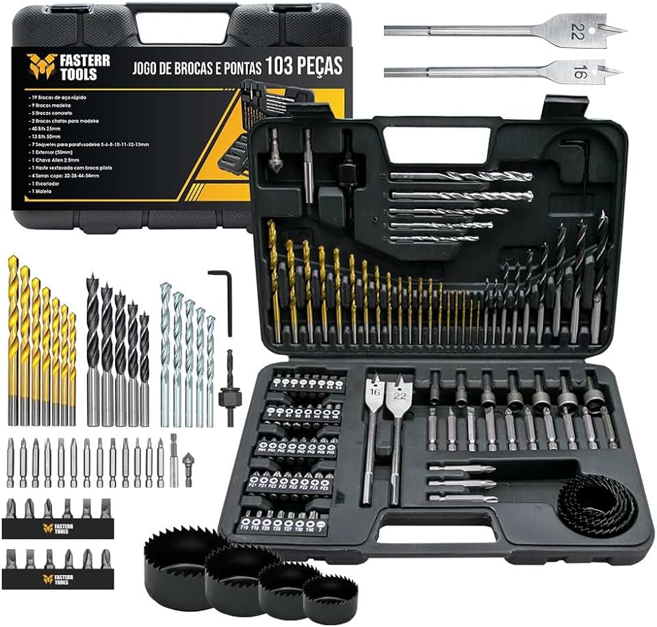 Fasterr Jogo de Brocas e Ponteiras Titanium FST006 103 Peças com Maleta | Brocas para Metal, Madeira e Concreto + Pontas e Serras Copo