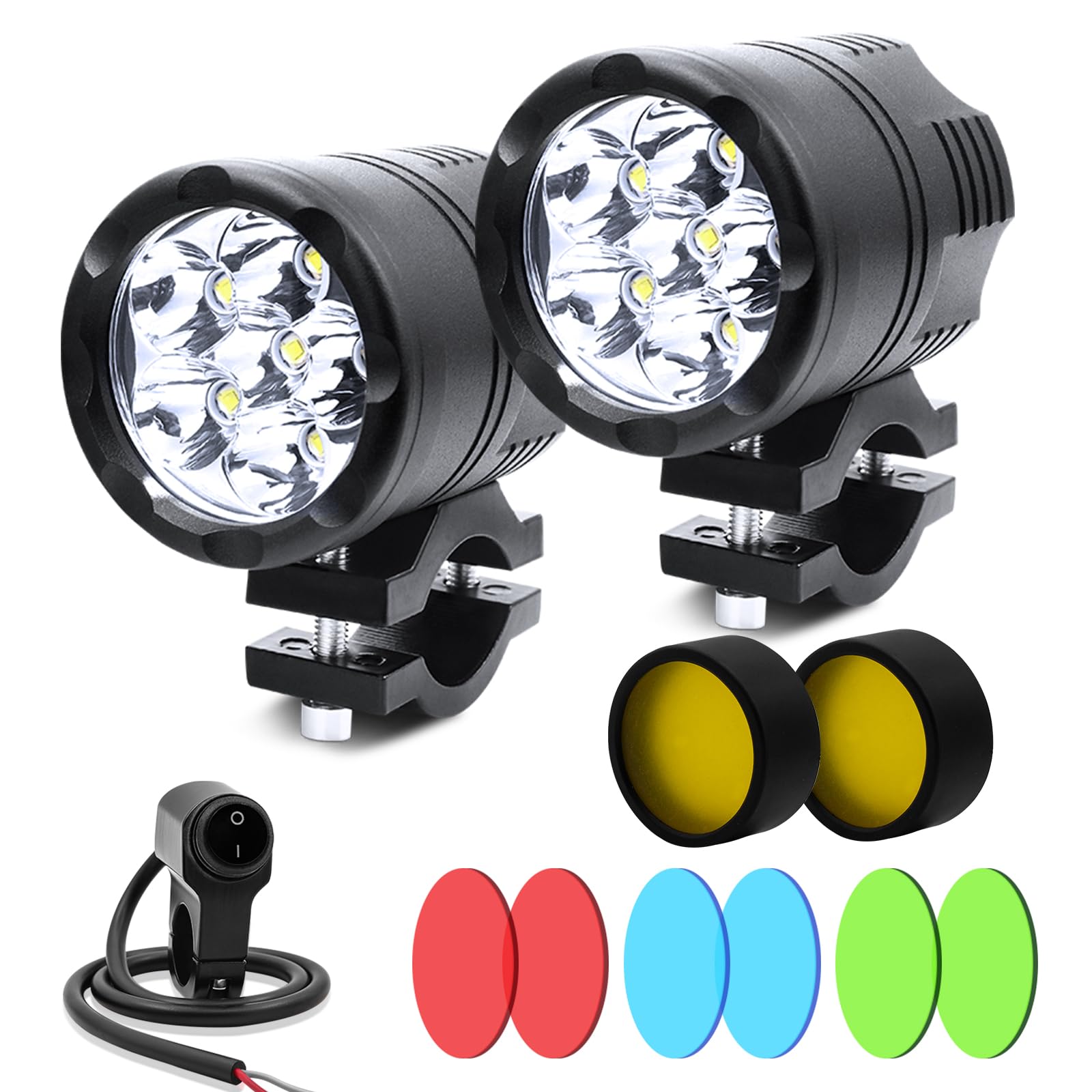 feux additionnels moto led, phare, led moto projecteur lampe Kit Feux de Route à LED Rond avec Interrupteur et Support de Montage, 2Pcs