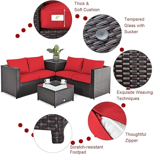 Miniatura 6 de Tangkula Juego de muebles de patio de 5 piezas con mesa de fogata de gas de 30 pulgadas juego de sofá modular de mimbre para conversación al aire