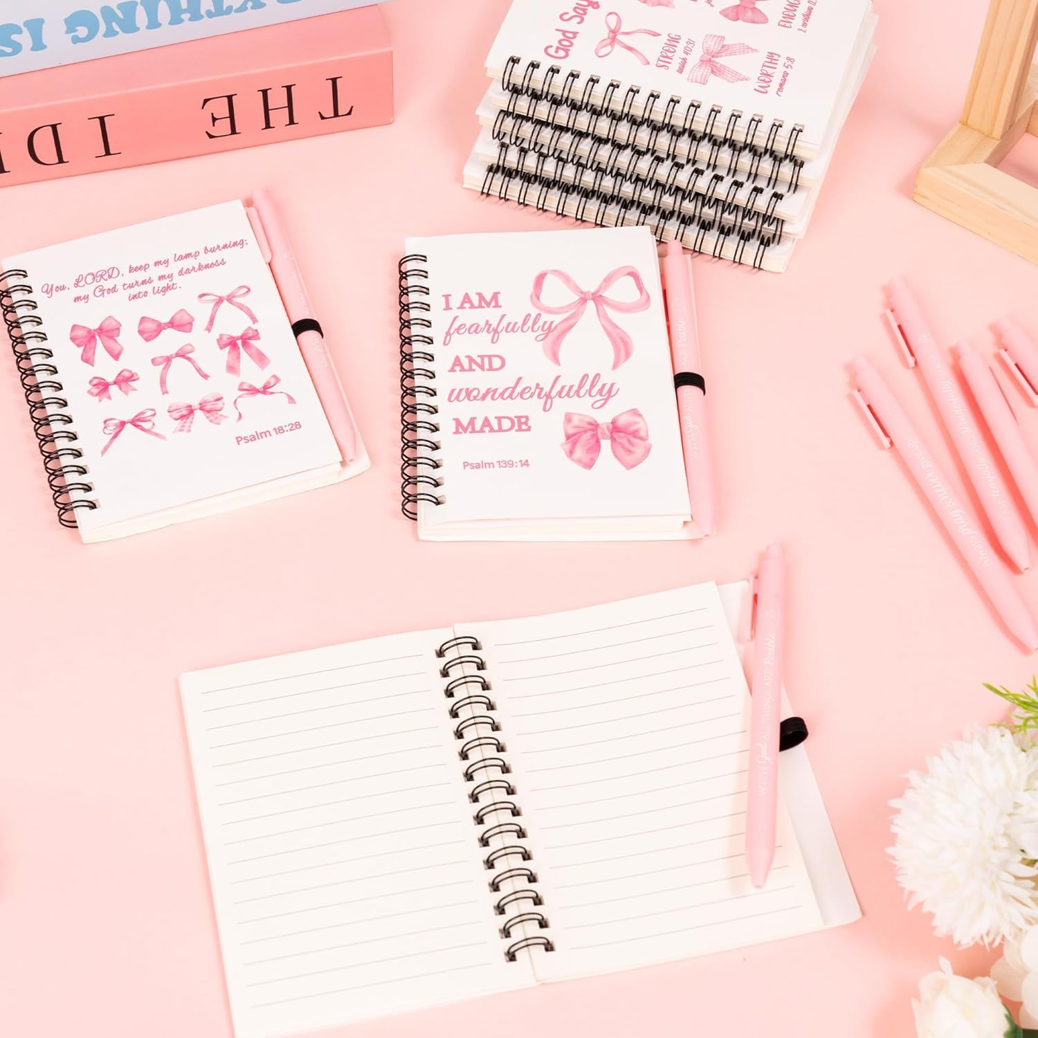 ANGOLIO Christian Gifts Bulk Religious Journal Spiral Notebooks with Pens Notepads 100th Day of School 24P Pink Bows Christian Bible Prayer Notebook with Sticky Notes Ballpoint Pens for Student Kid