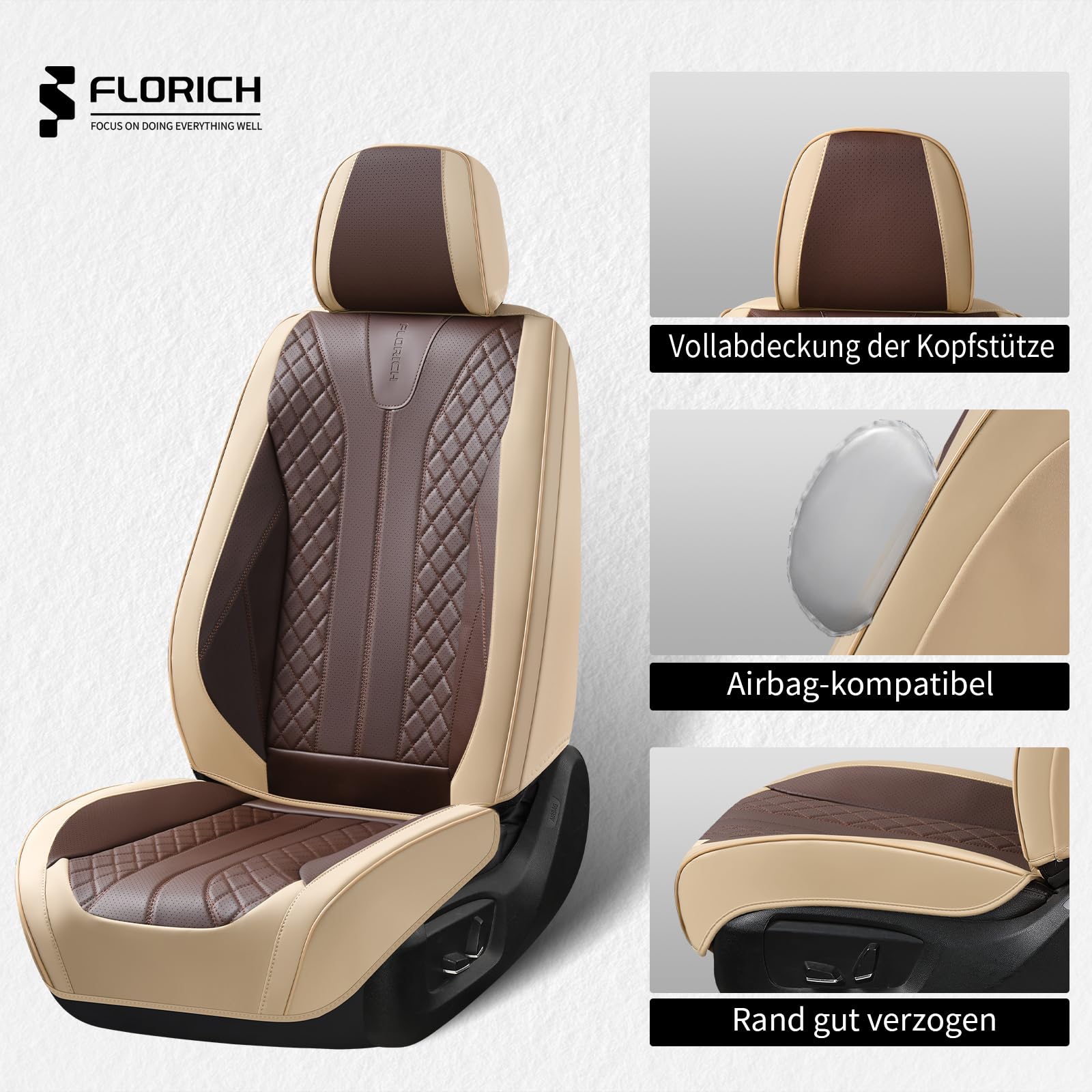 FLORICH Autositzbezüge Universal Sitzbezüge 5er Set für die Vordersitze und Rücksitze Autositzbezüge PU Leder Wasserdichtes passend für die meisten Pkw, SUV und LKW (Komplettset, Beige&Kaffee)