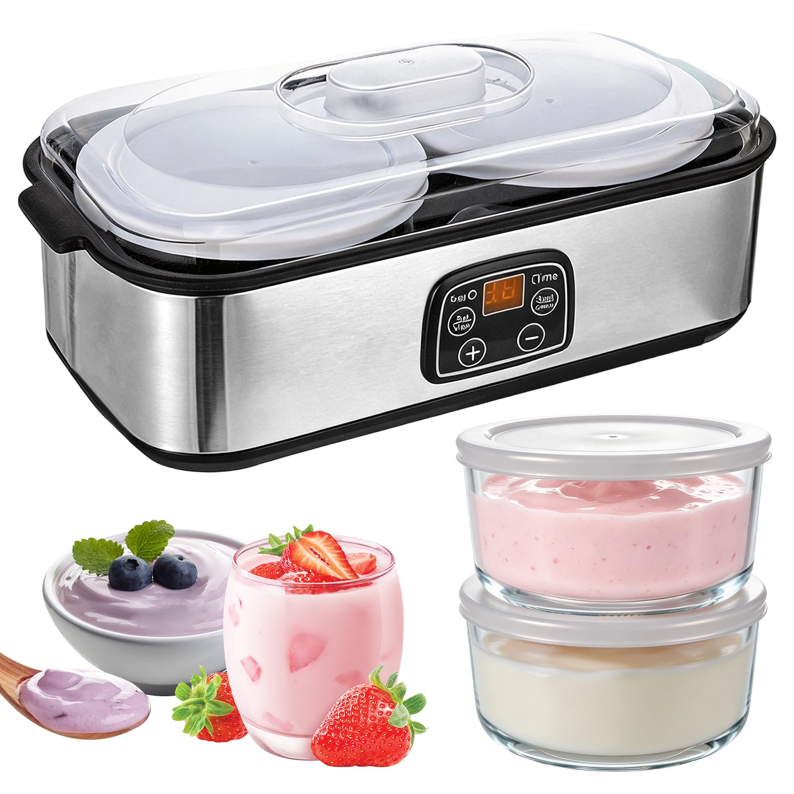 Elektrische Joghurtmaschine 2L, Automatischer Joghurtbereiter mit Einstellbarer Temperatur und Digitalem Timer, Yogurt Maker mit 2 Glasbehälter für DIY Selbstgemachten Joghurt, Käse, Reiswein, Natto