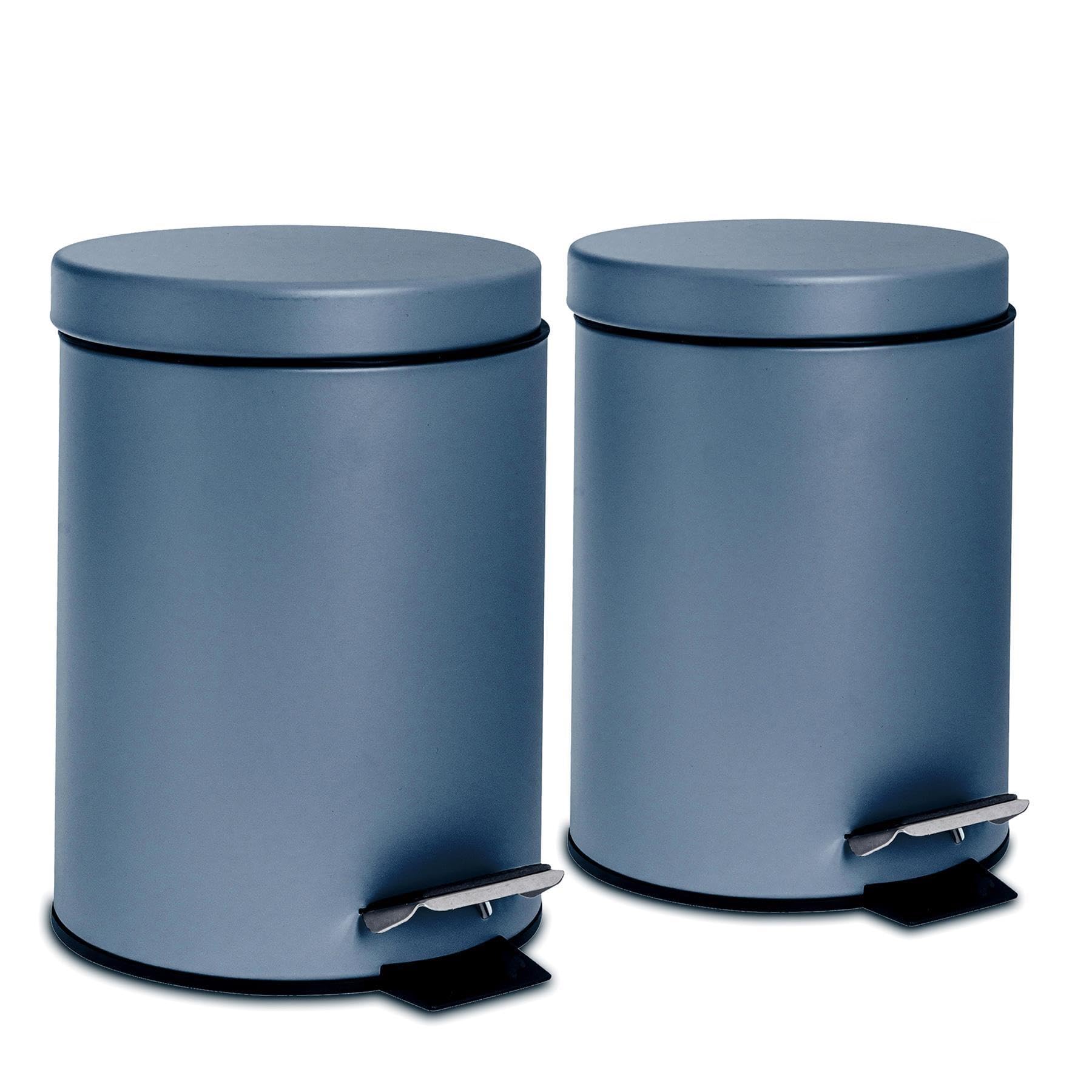 Harbour Housewares 3L Bathroom Bins - Matte Blue - Pack of 2 - Round Stainless Steel Pedal Bin Slim Kitchen Rubbish Trash Can Garbage Dustbin with Lid and Inner Liner Bucket