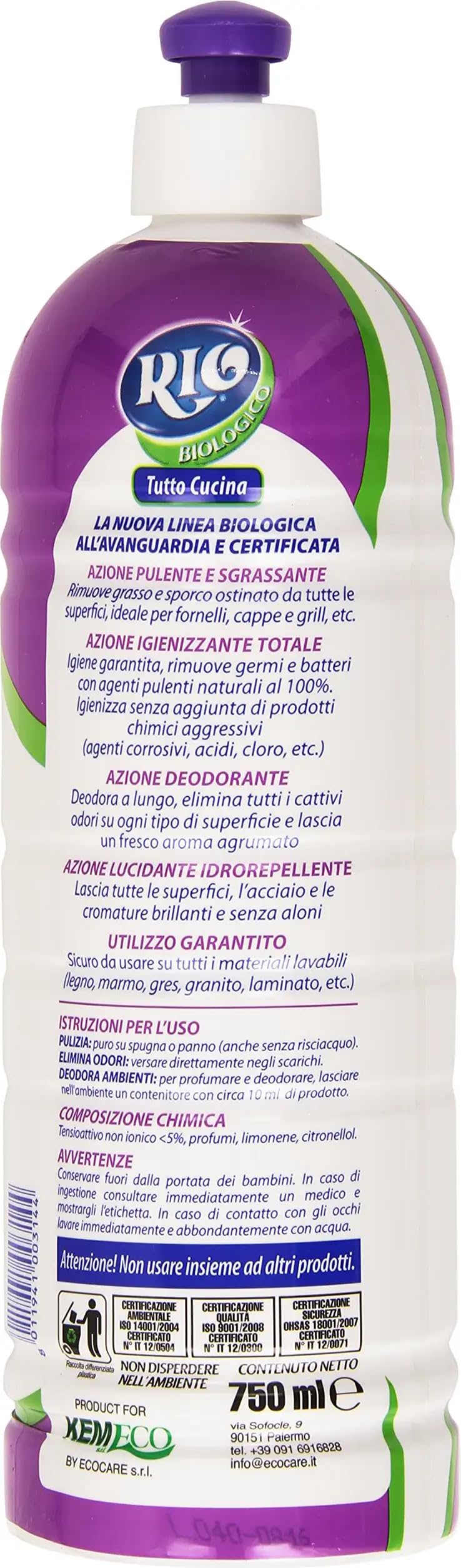 Rio - Limpiador de cocina Tutto Cucina, eficaz para todas las superficies lavables, perfumado con esencia Verdello, 750 ml + llavero Beni Culinari gratuito