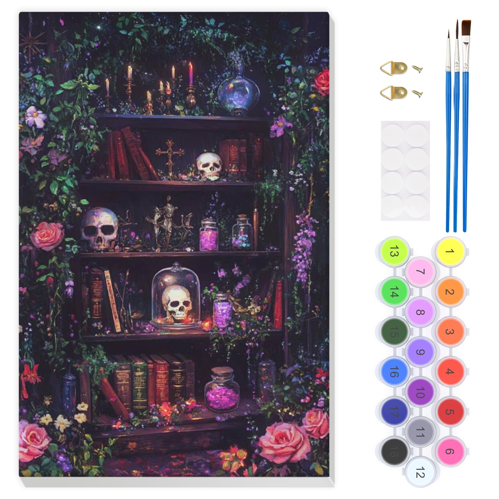 EOBROMD Halloween Skull Paint by Numbers for Adults with Frame, Horror Bookshelf Paint by Numbers Kits, DIY Color Oil Painting Acrylic Easy Painting by Numbers for Gift Home Wall Decor (8x12inch)