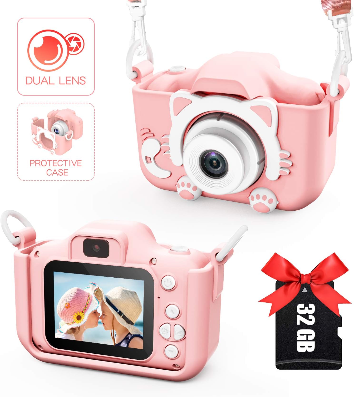 Kids Digital Dual Camera, Selfie Camera for Kids 3-9, 32GB Memory Card