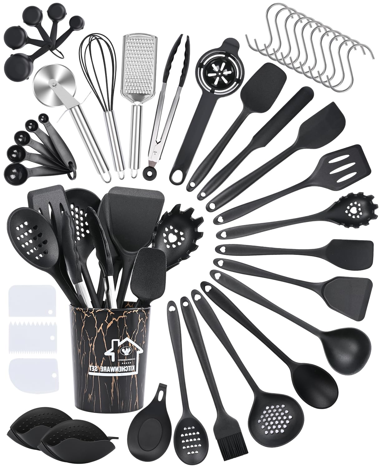 Kitchen Utensils Set, 43-Piece Silicone Kitchen Utensil Set, Cooking Utensils Set, Heat Resistant Cookware with Utensil Holder, Non-Stick Cooking Set, Kitchen Utensils, Black