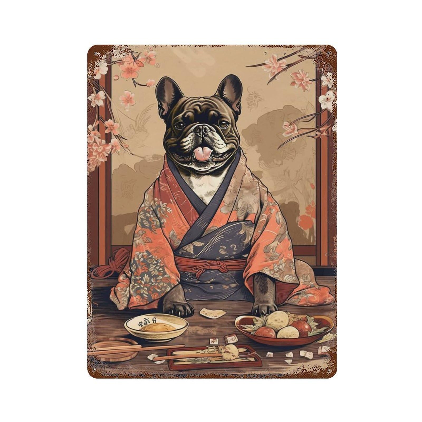 Garage Style French Bulldog Eating Food Rust Effect Tin Sign 15.7"x11.8", Farmhouse Wall Decor for Bar And Workshop