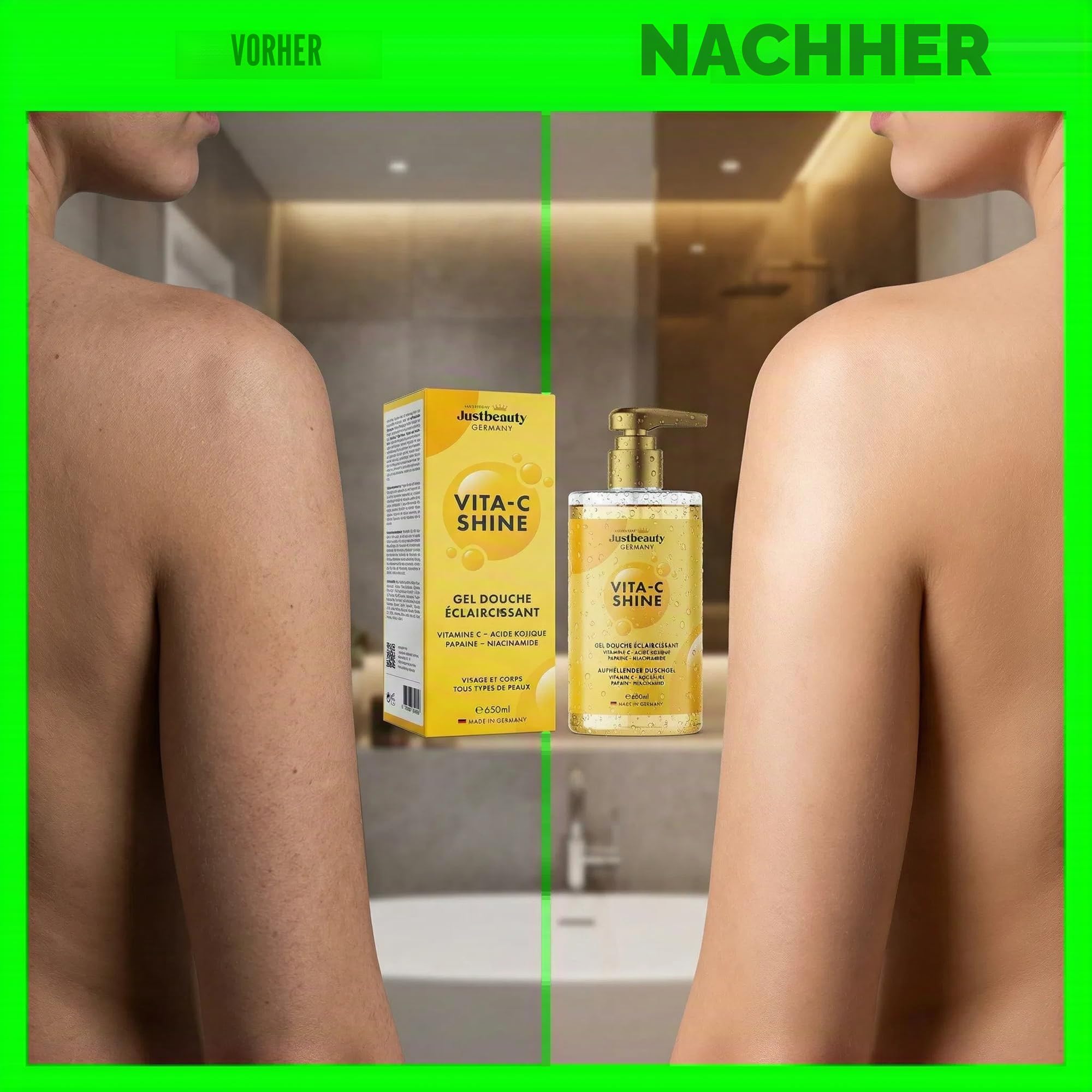 Aufhellendes Duschgel Vita C Shine 620ml – Extra Stark mit Vitamin C, Niacinamid, Kojicsäure & Hyaluronsäure – Feuchtigkeitsspendend & Teintausgleichend