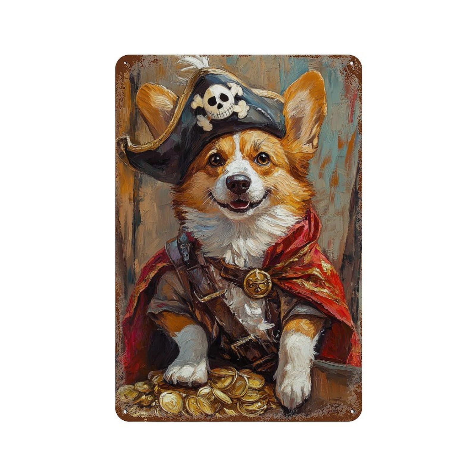 Pirate Corgi Treasure Chest 11.8"x7.9" Weathered Tin Sign, Shabby Chic Decor for Farmhouse, Kitchen And Entryway Decor