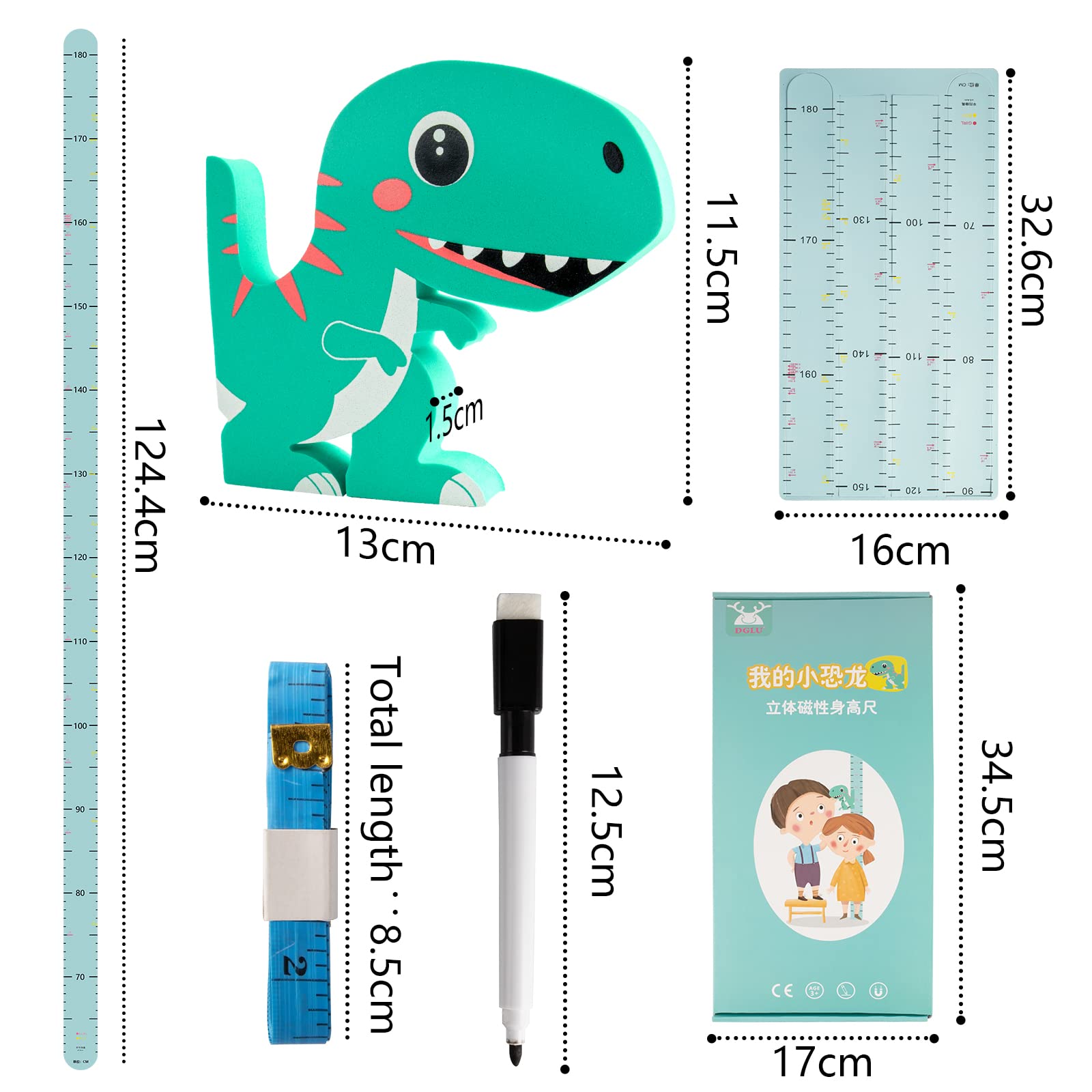 Metro da Parete per Bambini 3D Dinosauro Mobile Grafico di Crescita Tabella di Misurazione Altezza