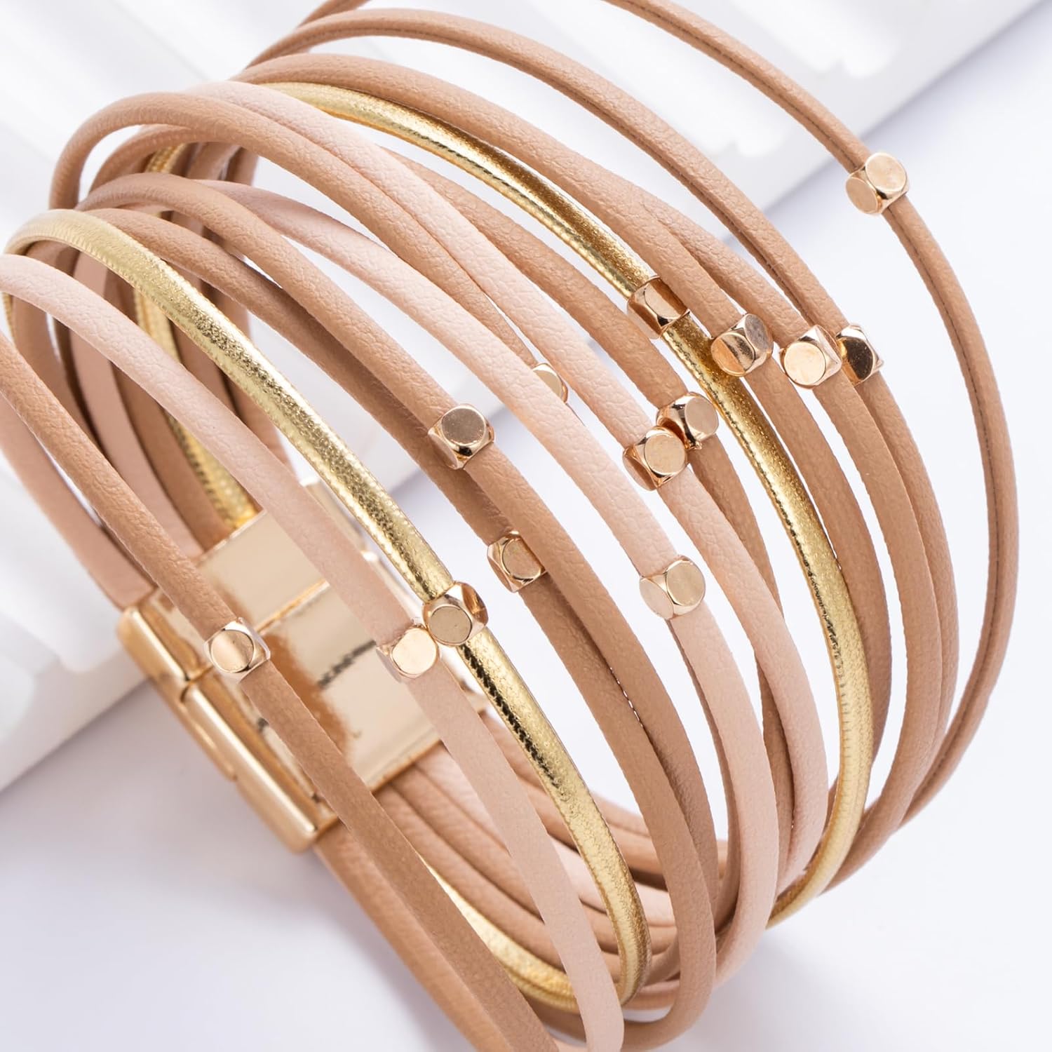 FANCY SHINY Beaded Leather Wrap Bracelets Cute Boho Stackable Bangle Cuff with Magnetic Clasp - Image 5