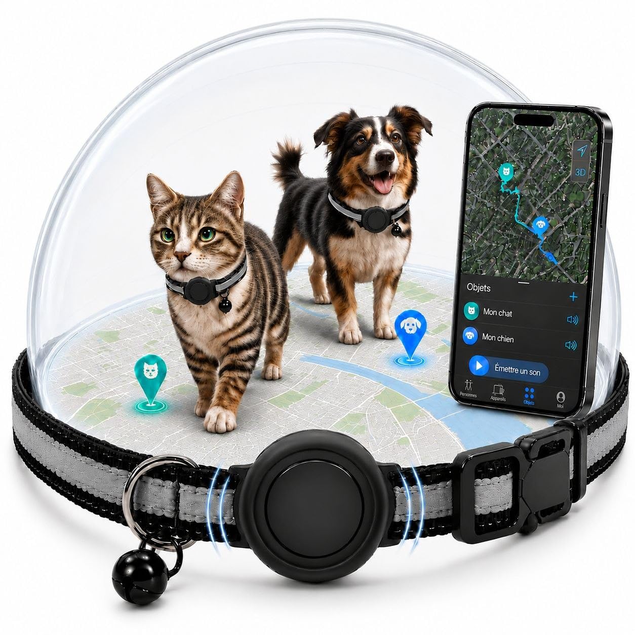 Collare GPS per Gatti e Cani, Localizzazione in Tempo Reale Senza Abbonamento, Tracker GPS Compatibile con iOS con Cronologia degli Spostamenti |Avvisi Anti-Fuga |Suoneria Potente |Collare Riflettente