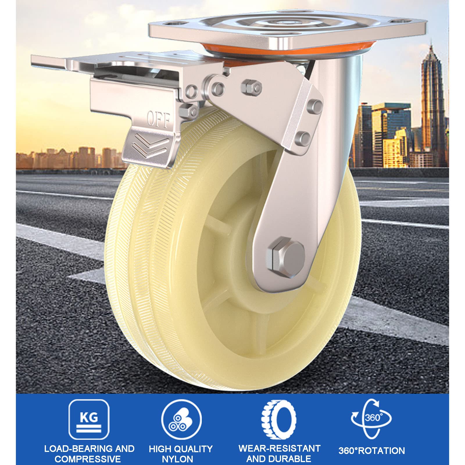 Set di 4 Ruote industriali a C Resistenti da 5 Pollici in Nylon per mobili, silenziose e Portatili, con Freno, Larghe 45 mm, rulli di Ricambio per Una Facile Mobilità.