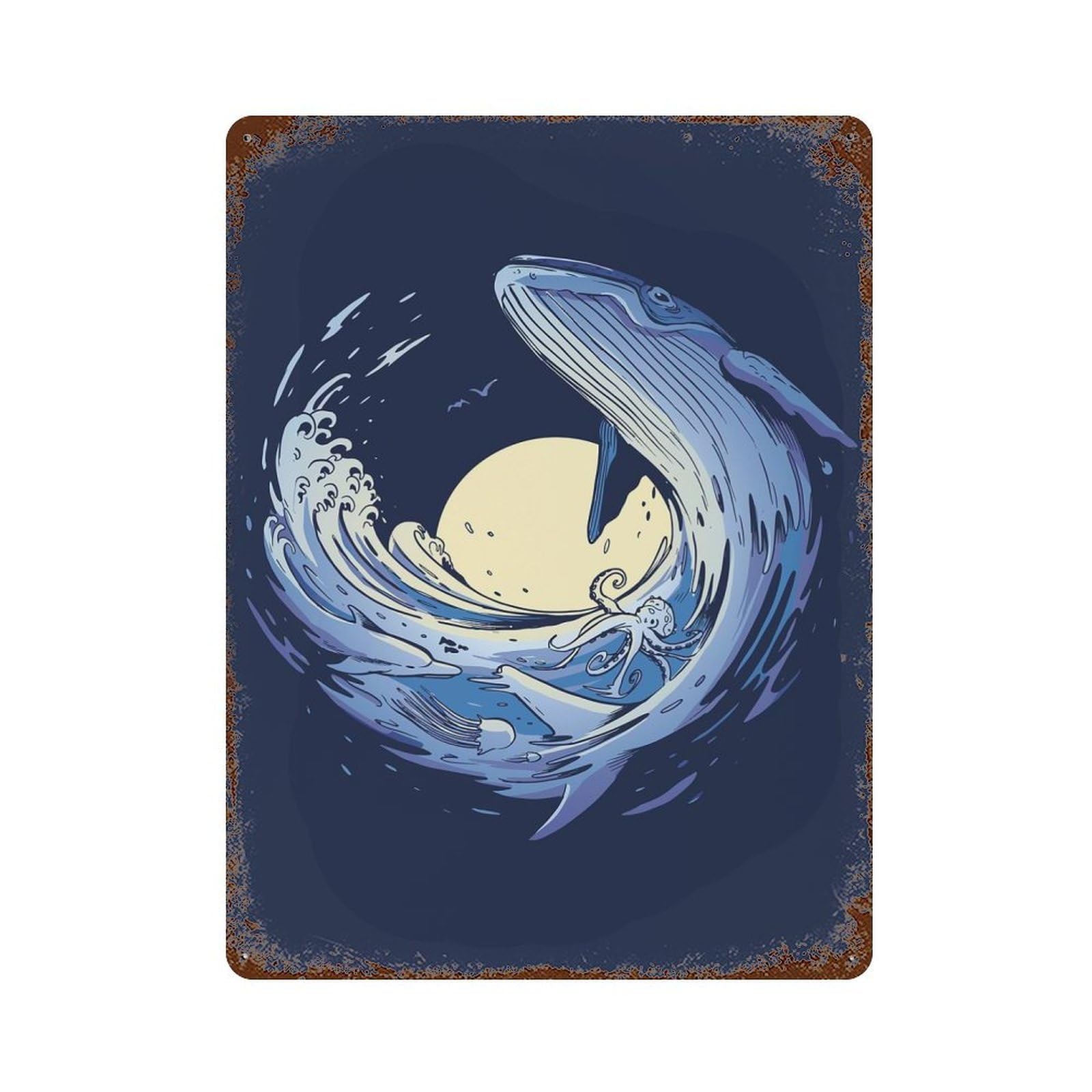 Whale Fish Painted Distressed Metal Wall Sign 15.7"x11.8", Ideal for Garage, Bar And Workshop Decor