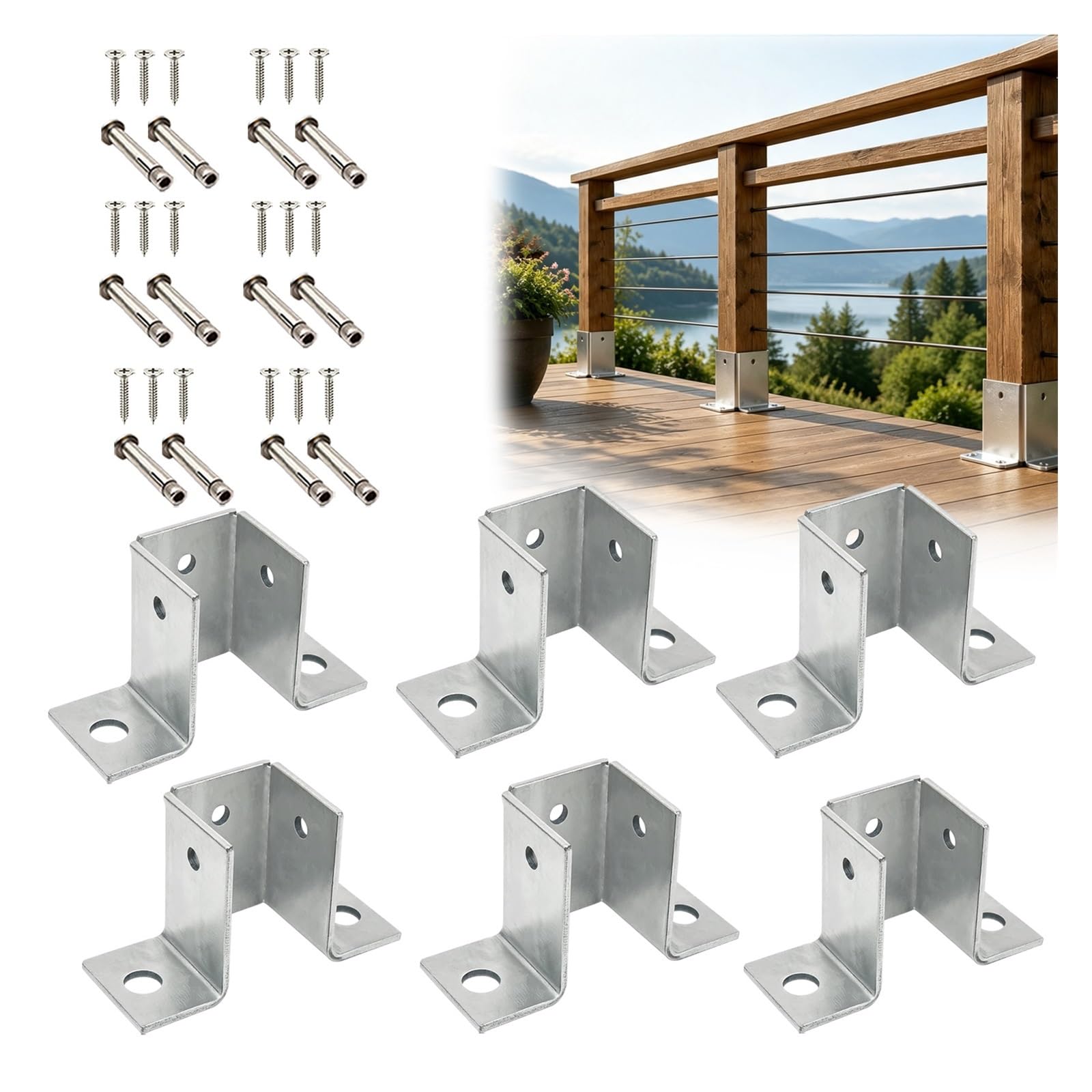 2 4 6 Pack Soporte Poste Madera Fácil Montaje Exterior | Anclaje de base poste acero galvanizado diseño abierto 3 lados pérgola/cerca/cubierta/jardín(6pcs,200x200mm/7.9x7.9'')