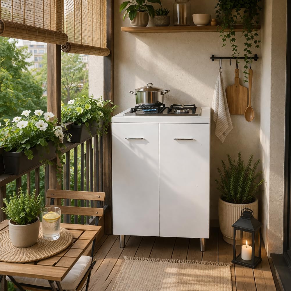 Shally Dogan Mobile Base da cucina a 2 ante 60 x 40 x 85 cm completo di Piano Cottura a 2 Fuochi, Piastre in Ghisa Resistenti, Montaggio con Piedini Fissi o Ruote, Kit completo pronto all'uso (Bianco)