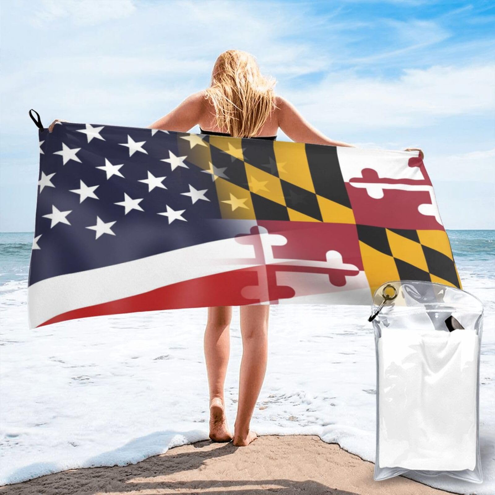 HACXZ Funny America Flag and Maryland Flag Absorbent Beach Towel Microfiber Beach Shower Towel 31.5"X63"
