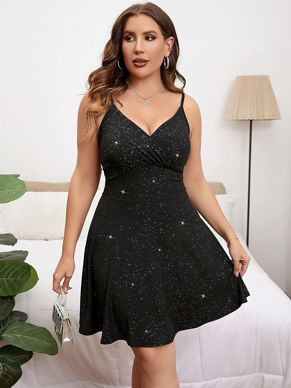 Floerns Women's Plus Size Sleeveless Glitter Dress Wrap V Neck Flared Short Dress - Image 5
