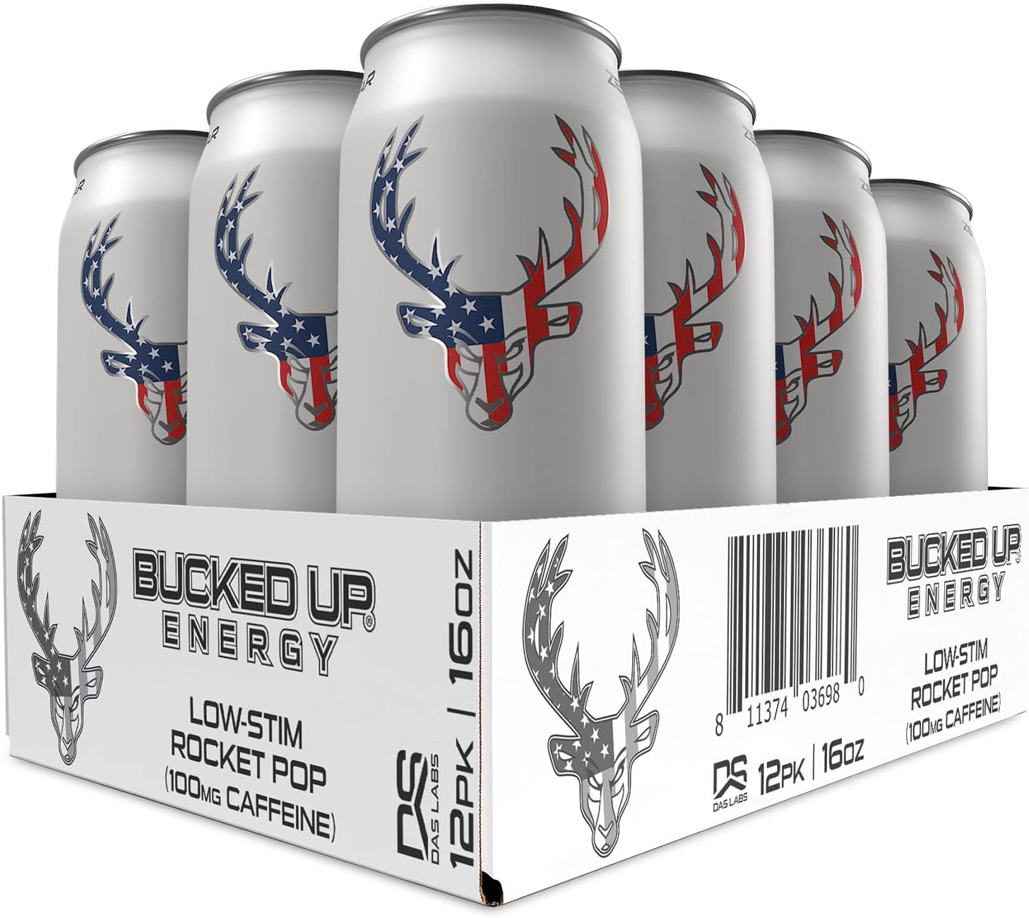Bucked Up - Low Stim Energy Drink - 100mg Caffeine - Zero Sugar - 12 Pack (Rocket Pop)