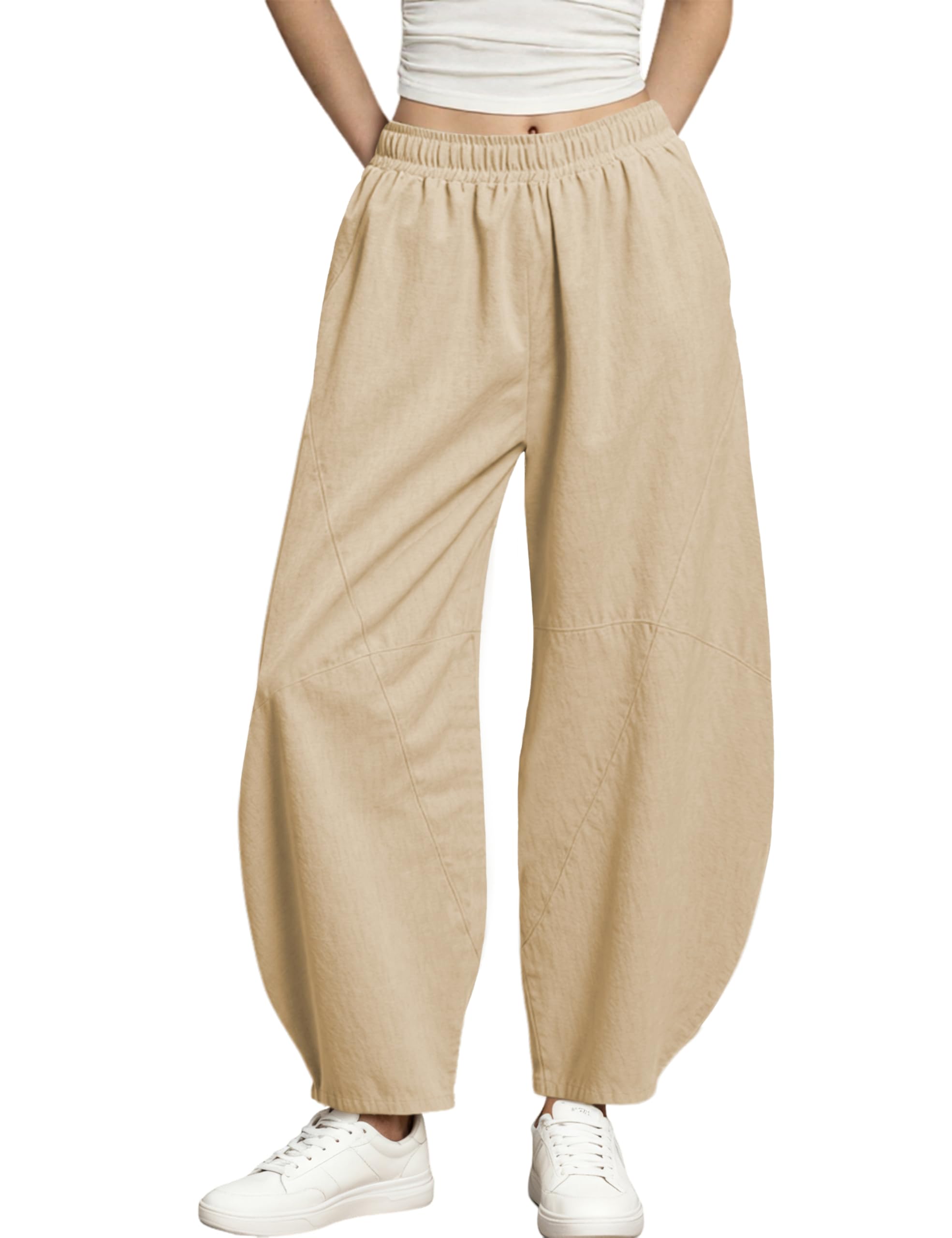 Tanming Womens Barrel Pants Mid Elastic Waisted Summer Capri Pants Loose Fit Casual Wide Leg Trousers