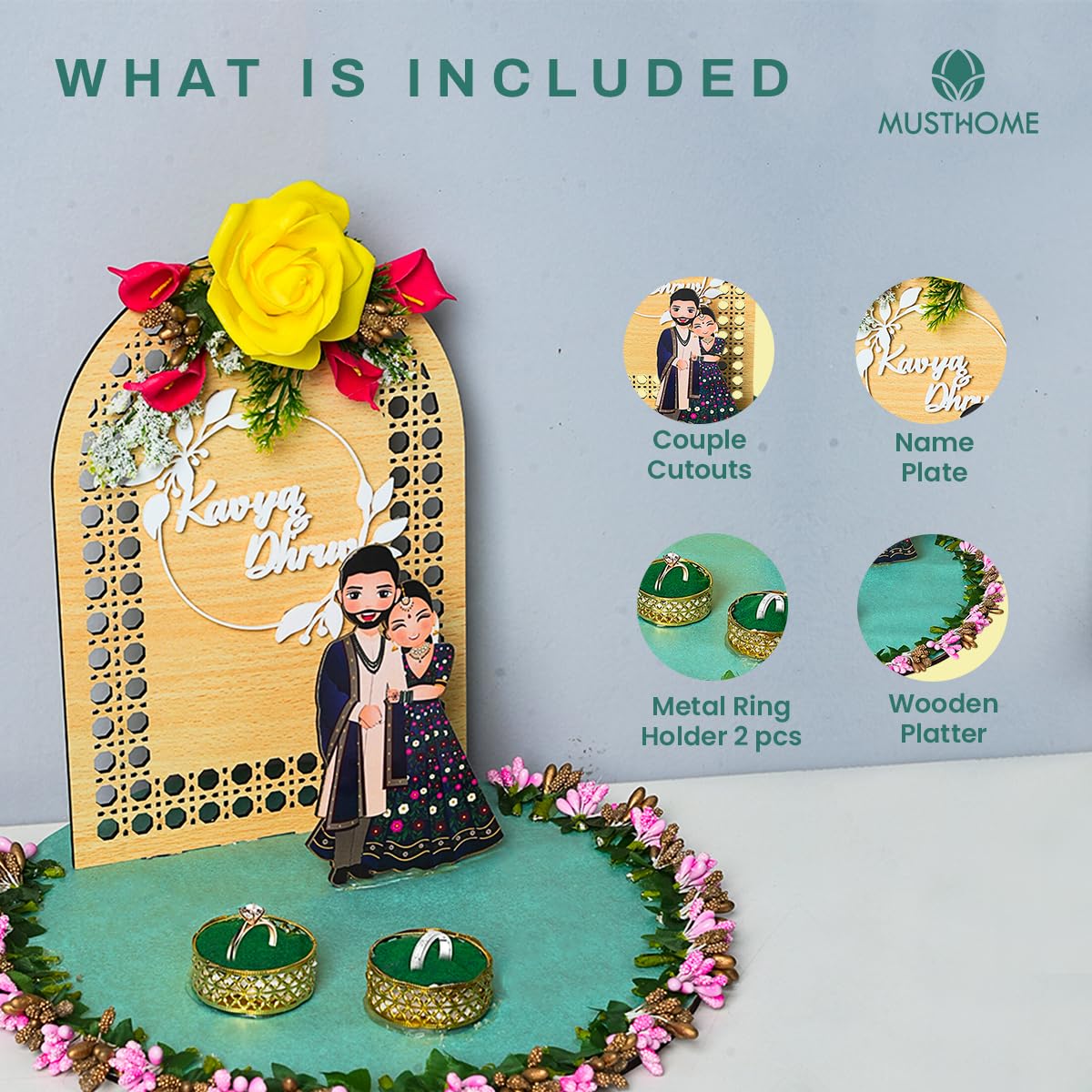 MustHome Engagement Ring Holder, Personalized Wooden Name Plate, Hand Crafted Decorative Platter for Ring Ceremony, Customized with Velvet Holders, (RNG-05) 1