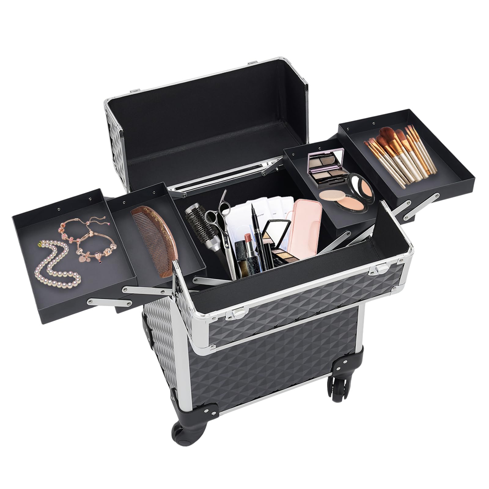 Valigetta cosmetica in PVC con 4 ruote e 2 cassetti, grande capacità, trolley multifunzione con serratura a combinazione, 34 x 24 x 41 cm