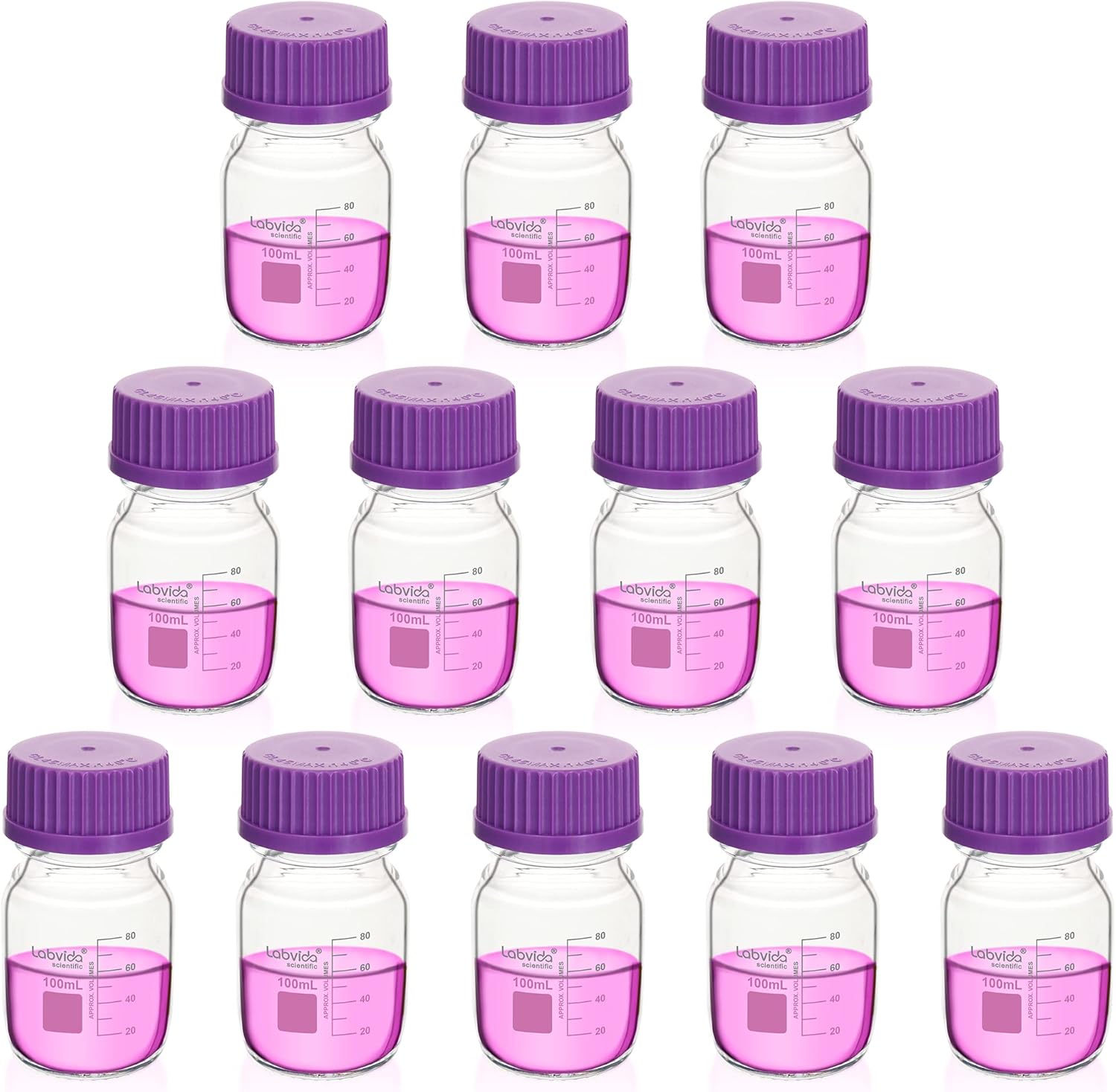 Glass Round Media Storage Bottles, 12pcs of Vol.100ml, 3.3 Borosilicate Reagent Bottles with GL45 Screw Cap in Purple for Labs, Schools and Home Use Glass Bottles, LVAD002US