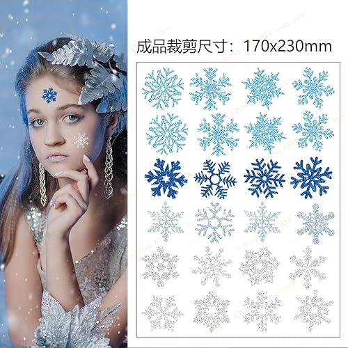 Miniatura 7 de Tatuajes temporales de copos de nieve con purpurina, 48 calcomanías de copo de nieve de invierno, accesorios de ropa lindos para cuerpo, cara,