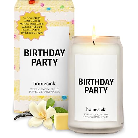 Homesick Scented Candles for Home (Birthday Party) - 13.75 oz Long-Lasting Natural Soy Wax Blend Jar Candle Gifts for Women & Men, 60-80 Hours Burn Time - Notes of Butter, Cream & Vanilla