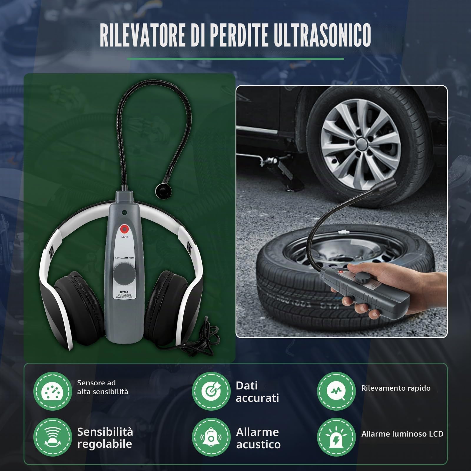 Rilevatore di perdite ad ultrasuoni, strumenti di rilevamento perdite Rilevatore di perdite d'aria 40KHz±2KHz Rilevatore di rumore automobilistico con cuffie Sensore sensibile sonda 420MM