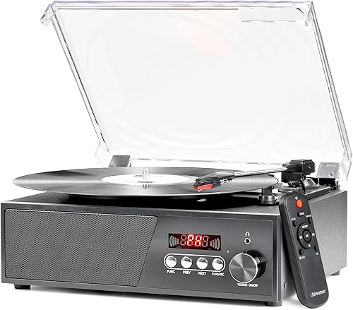 Reproductor de discos de vinilo Bluetooth con radio FM digital USB, control remoto, tocadiscos vintage para discos de vinilo con altavoces, 3