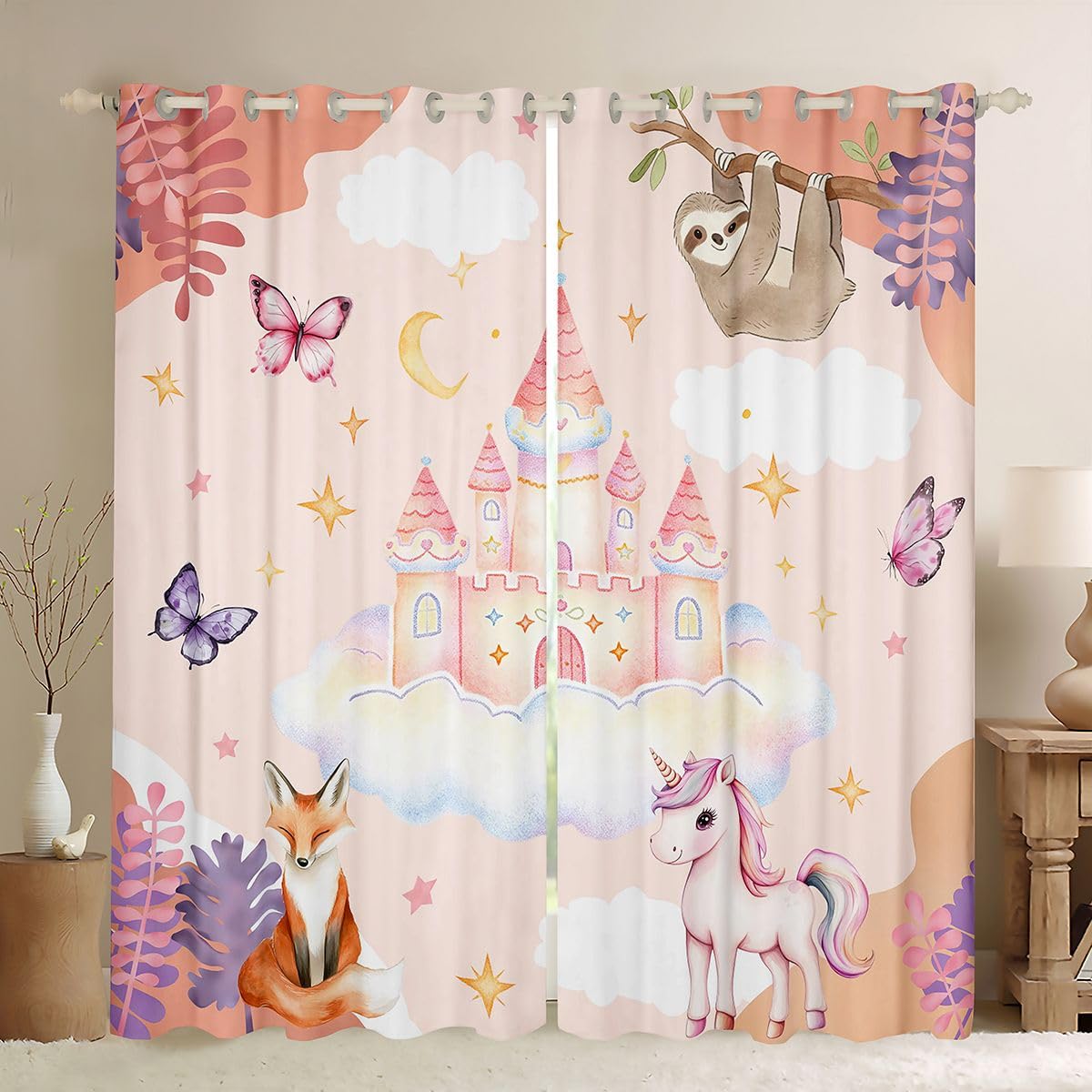 Homemissing Pink Castle - Cortinas opacas con diseño de princesa, arcoíris, para dormitorio, sala de estar, decoración de hadas con aislamiento térmico, 2 paneles, 66 x 90 pulgadas