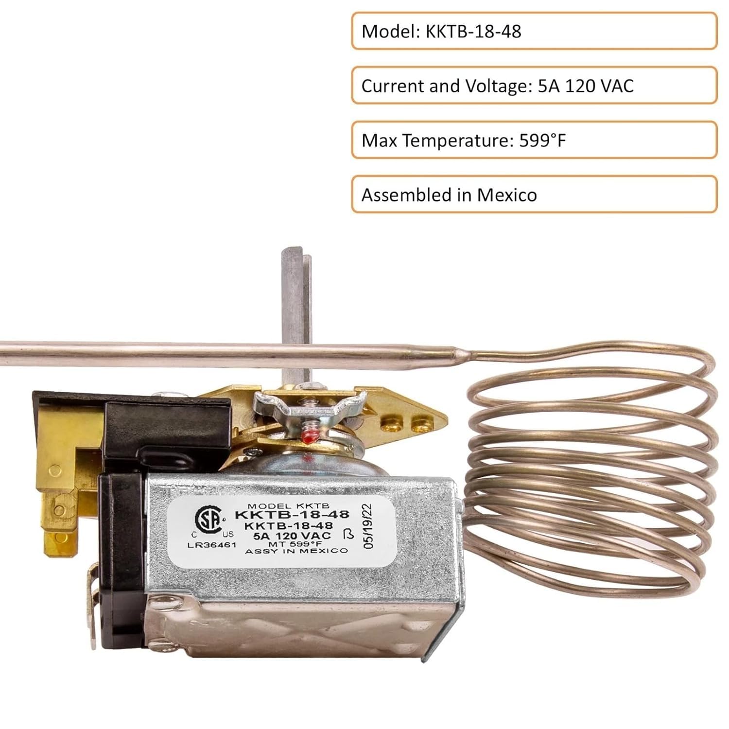 KKTB-18-48 Oven Thermostat – Replacement for Robertshaw, 5 A 120 VAC, 150-599 °F, 48″ Capillary Gas Range Control