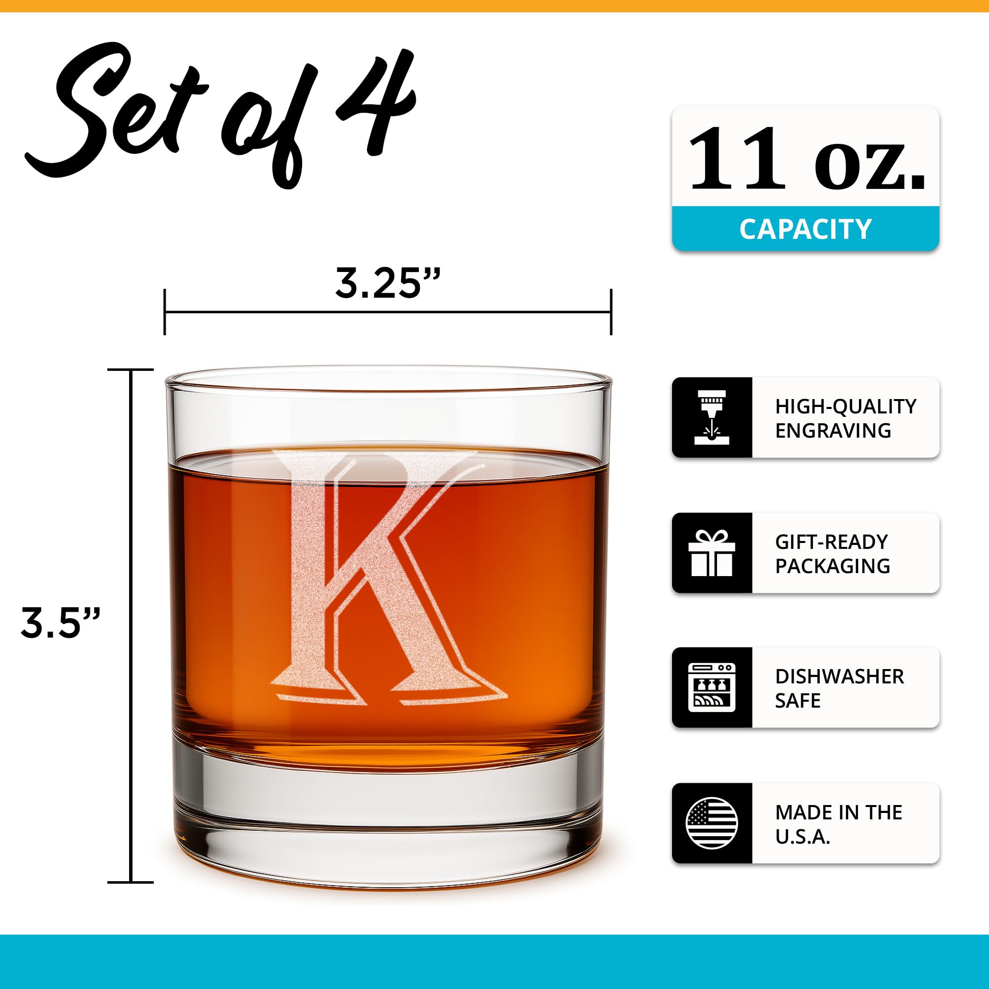 On The Rox Drinks (K-Monogram) - 4-częściowy zestaw 325 ml grawerowane ciężkie kamienie szklanki do whisky eleganckie szkło burbon wielofunkcyjne szklanki do napojów - prezent na każdą okazję