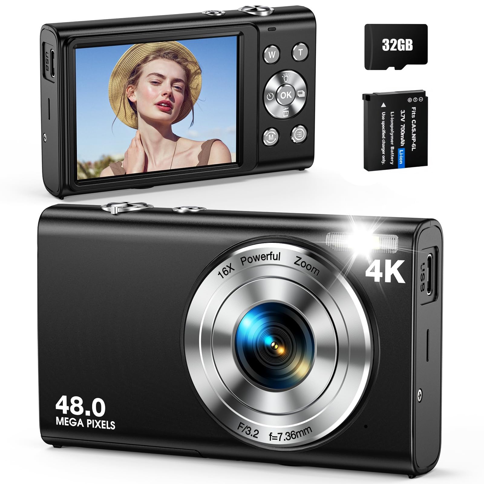 Milatech Digital Camera, Autofocus UHD 4K Vlogging Camera with 32GB Card, 48MP 16X Digital Zoom Digital Camera (Black)