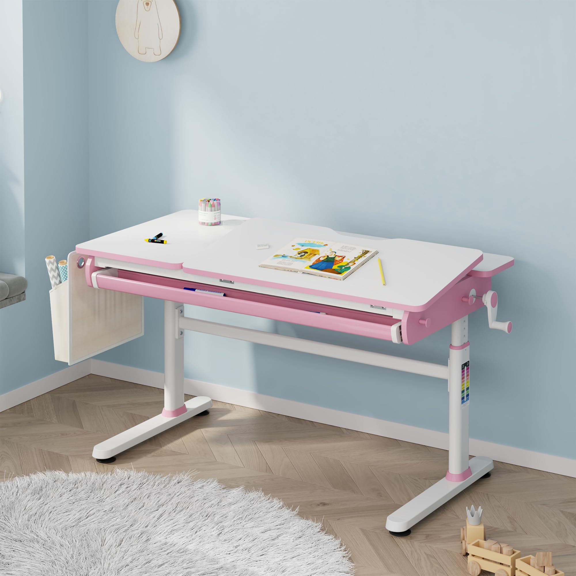 [en.casa] Höhenverstellbarer Schreibtisch für Kinder Kuosa 120 x 60 cm mit Schublade Kinderschreibtisch mitwachsend Kurbel Zeichentisch Metall Pink/Weiß