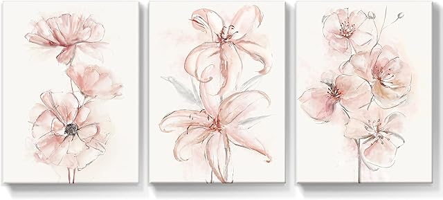 SUMGAR Flower Canvas Wall Art Set of 3 Kitchen Bathroom Pictures Light Pink Botanical Prints Modern Decorative Painting Framed Bloom Floral Artwork for Bedroom Walls Living Room Home Decor 30 x 40 cm