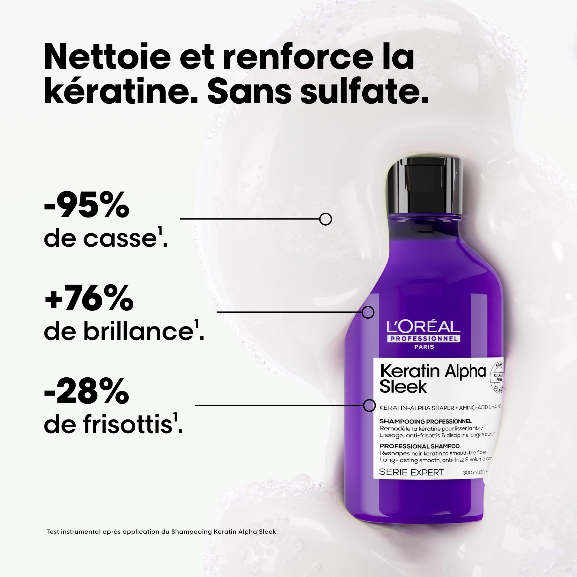 L'OREAL PROFESSIONNEL - Shampoing Disciplinant Keratin Alpha Sleek - 28% de Frisottis en Moins - Nettoie - Renforce la Kératine du Cheveux - Technologie Brevetée - Sans Sulfate - pH Neutre - 300 ml