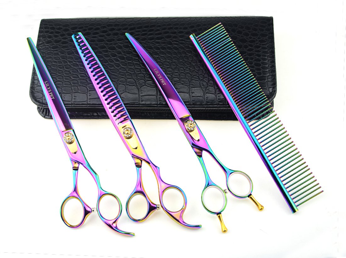 LILYS PET HIGH-END SERIES Japan 440C Juego de tijeras de aseo para mascotas, color arcoíris, corte y entresacado y tijeras curvadas de dos vías