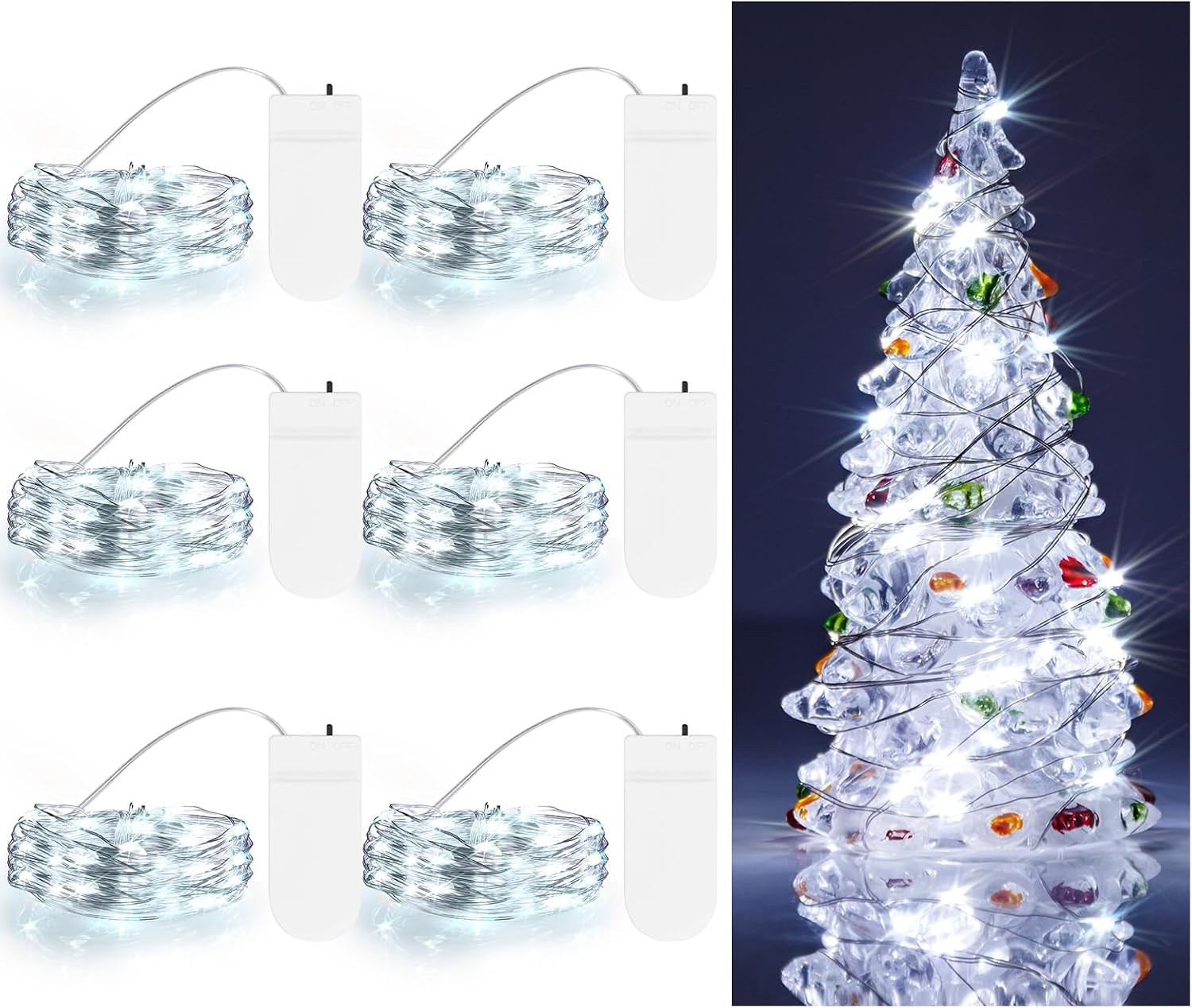 Cool White Fairy String Lights Battery Operated LED Starry Lights 7.2ft 20 LEDs Silvery Copper Wire for Christmas DIY Decoration Wedding Party (6 Pack)