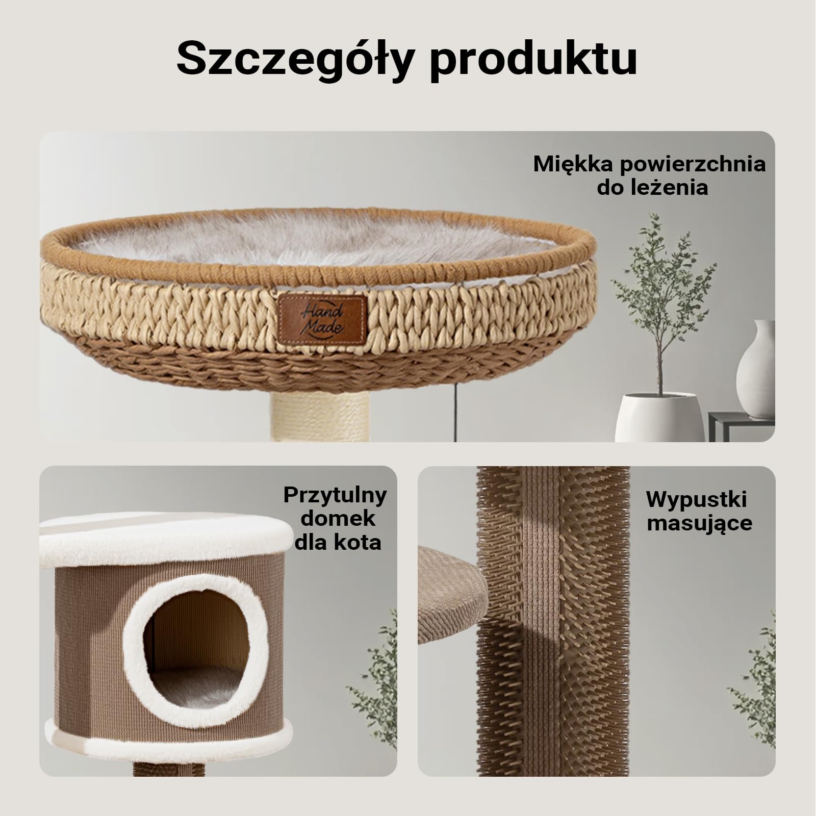 Fudajo Forest Lodge 117 cm drapak w kolorze beżowym, drapak z domkiem dla kota, legowiskiem, elementem do masażu i słupkami do drapania z papierowej liny